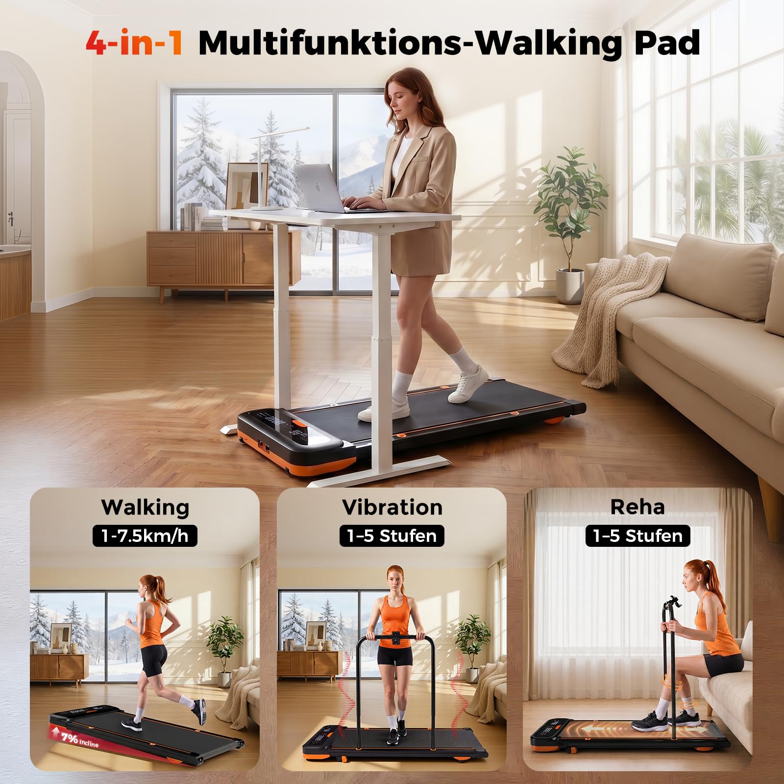 JAGJOG Unter Schreibtisch Laufband,kompakt und platzsparend | 7-15% Steigung,2.5-PS-Motor,6-7.5km/h,Fembedieung,bis 136kg
