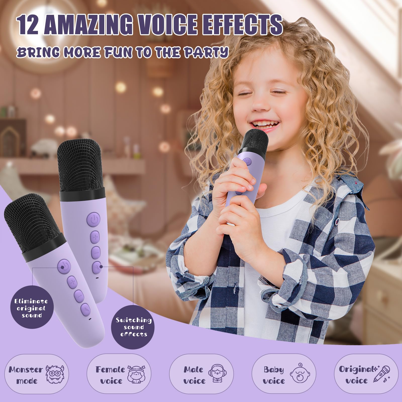 Maszyna Do Karaoke Dla Dzieci Z 2 Mikrofonami,Bezprzewodowy Bluetooth, Z Efektami Zmiany Gosu I Diodami Led Prezent Dla Dziewczynek, Dla Dziewczynek W Wieku 3-12 Lat Prezent Urodzinowy