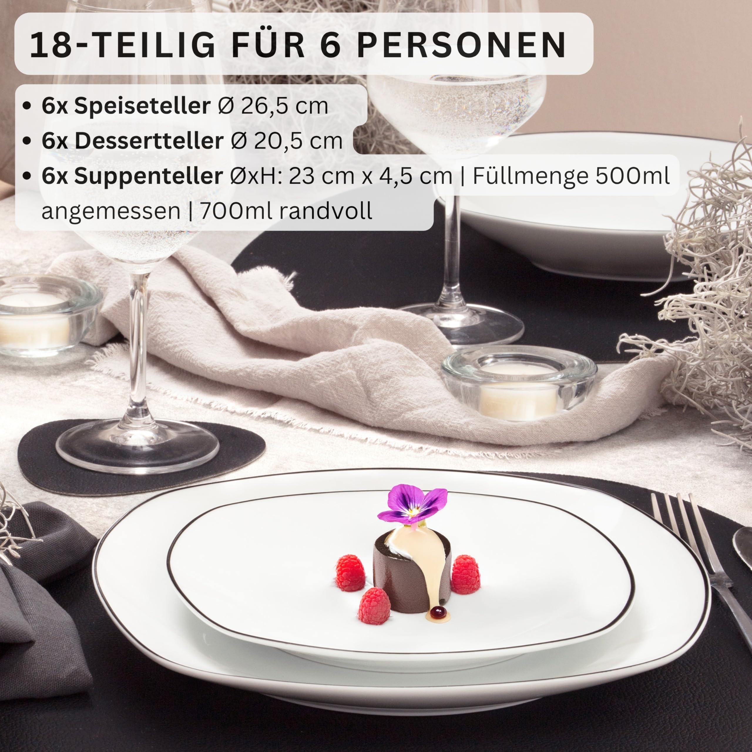 SÄNGER Bilgola Black Rim Bordenset, 18-delig, porseleinen serviesset voor 6 personen, tafelservies, vaatwasmachinebestendig, eetservies met platte en diepe borden met zwarte accenten, premium