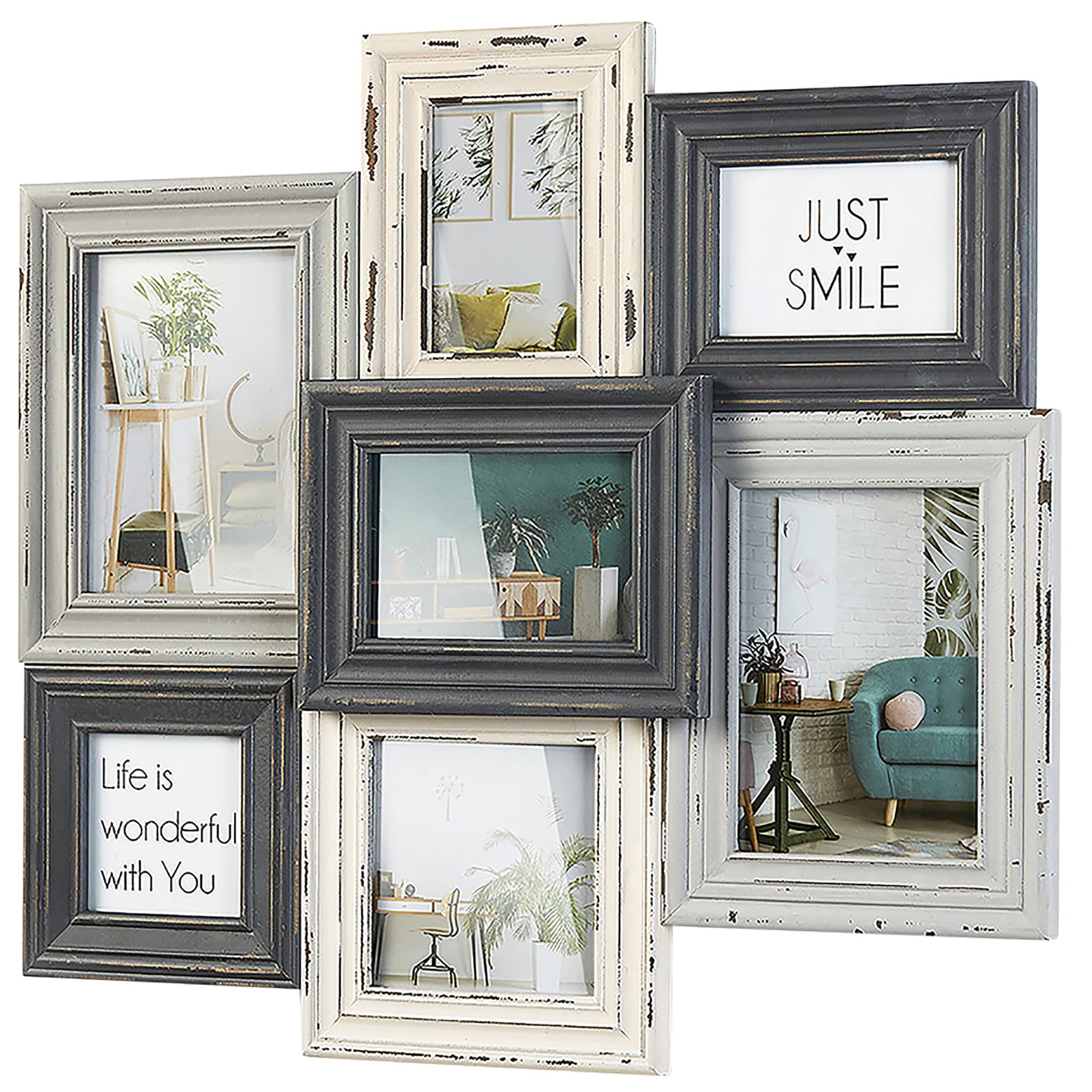 Kobolo Bilderrahmen-Collage Holz Nostalgie Creme für 7 Bilder Grau