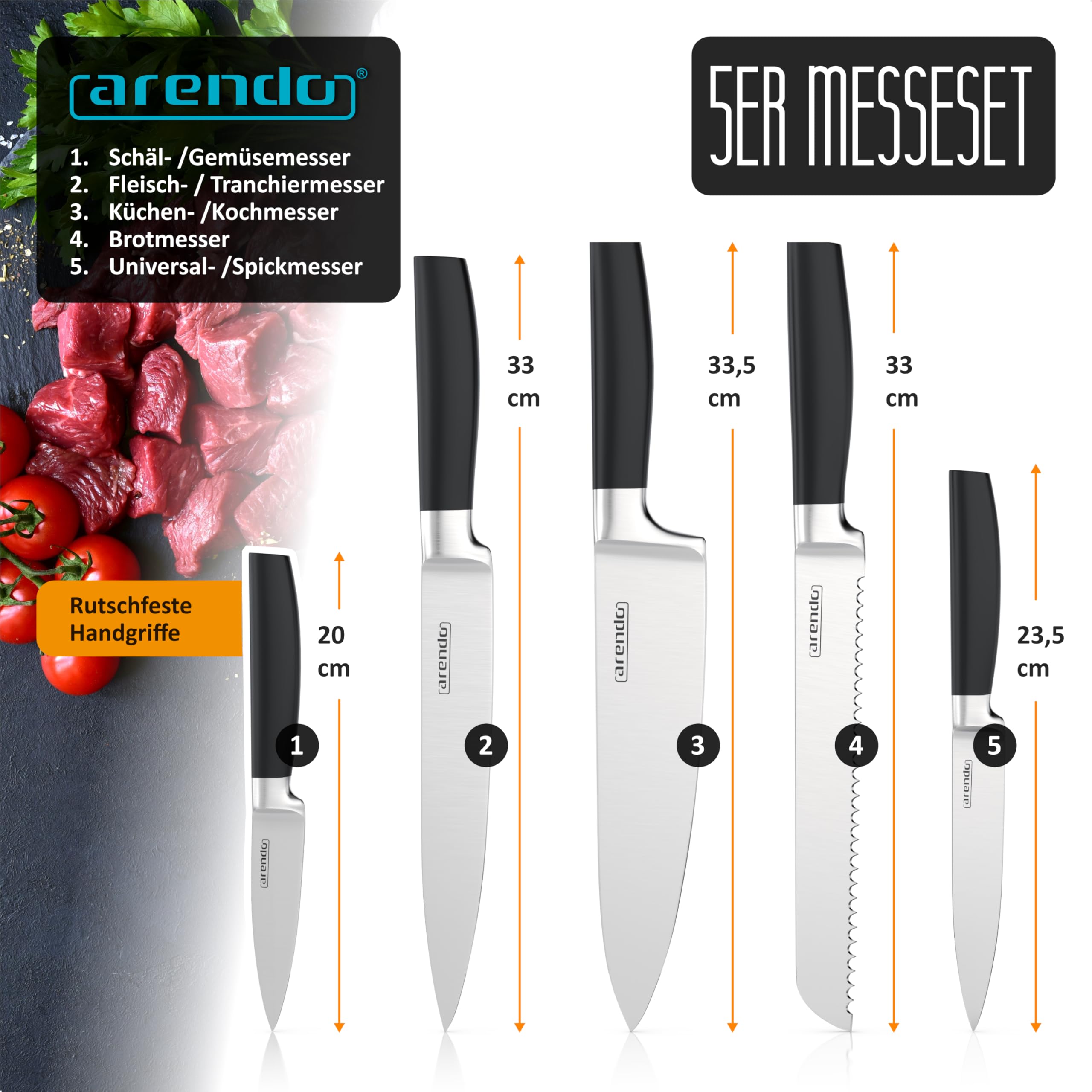 Arendo - Messerblock mit Messern - 5 teilig Messerset - Kochmesser Tranchiermesser Brotmesser Universalmesser Schälmesser – präzisionsgeschliffene Klingen aus Edelstahl - Küchenmesser Set - Holzblock