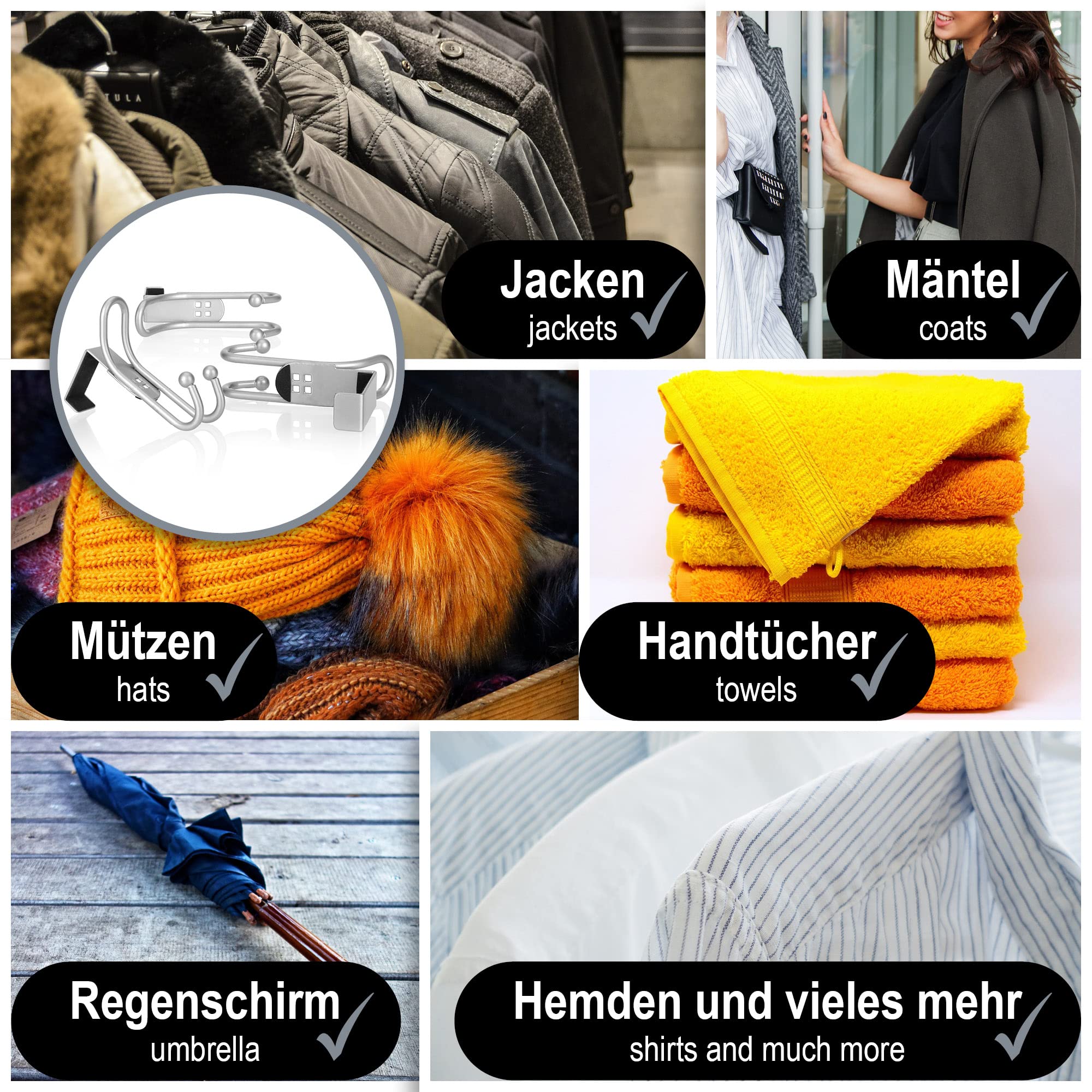com-four® 8x Ganci per Porte Doppi con Protezione in Schiuma - Ganci Appendiabiti per Appendere Senza Forare