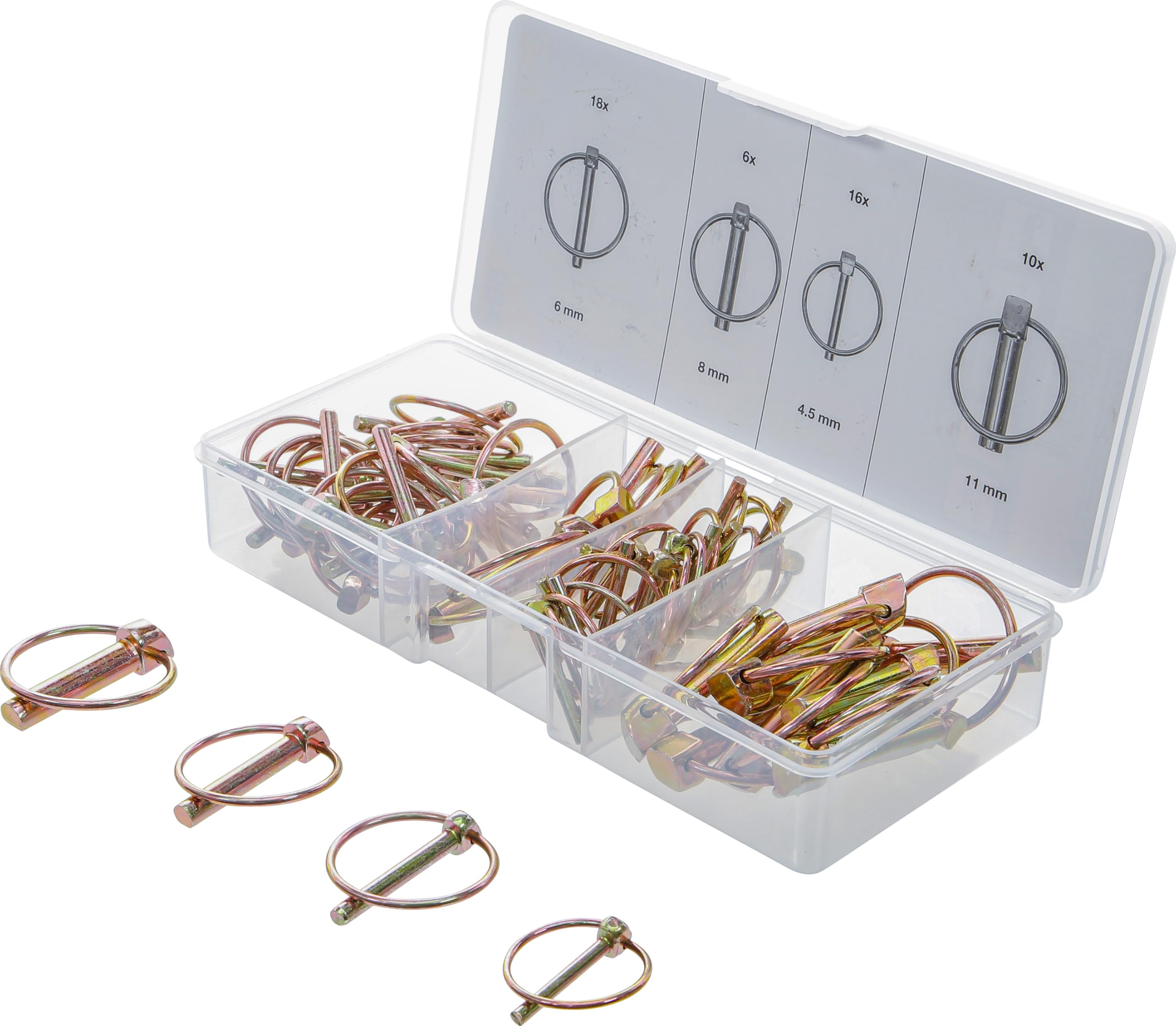 BGS 8087 | Klappsplinte-Sortiment | 50-tlg. | Klappstecker | verzinkt | 4,5 - 6 - 8 - 11 mm