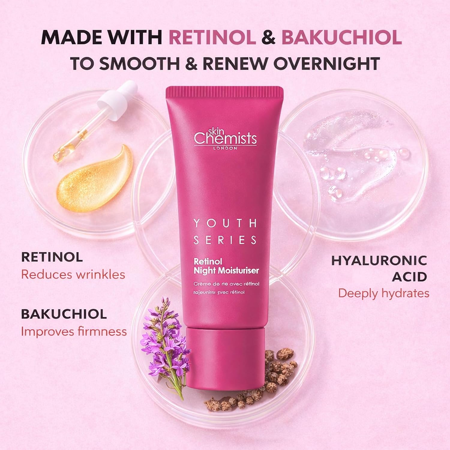 skinChemists Retinol Bakuchiol Night Moisturiser Anti-Aging Face Cream - Improves Skin Texture and Tone, Improves Fine Lines, Replenishes Moisture - 1.69 Fl oz