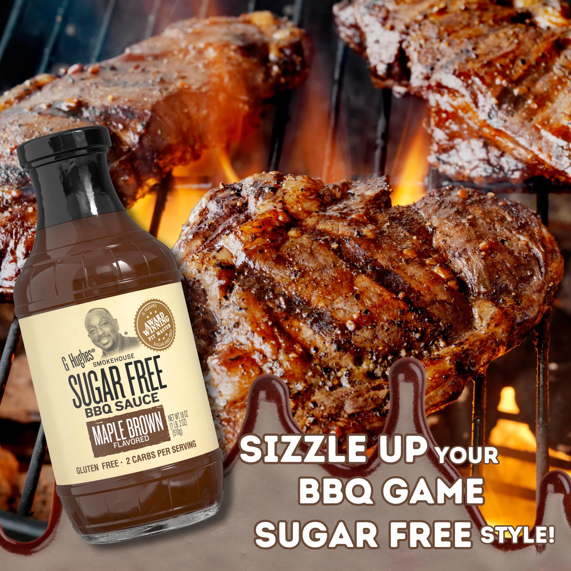 G Hughes Smokehouse Sugar Free BBQ Sauce 18oz Glass Bottle (Pack of 3) Select Flavor Below (Maple Brown)