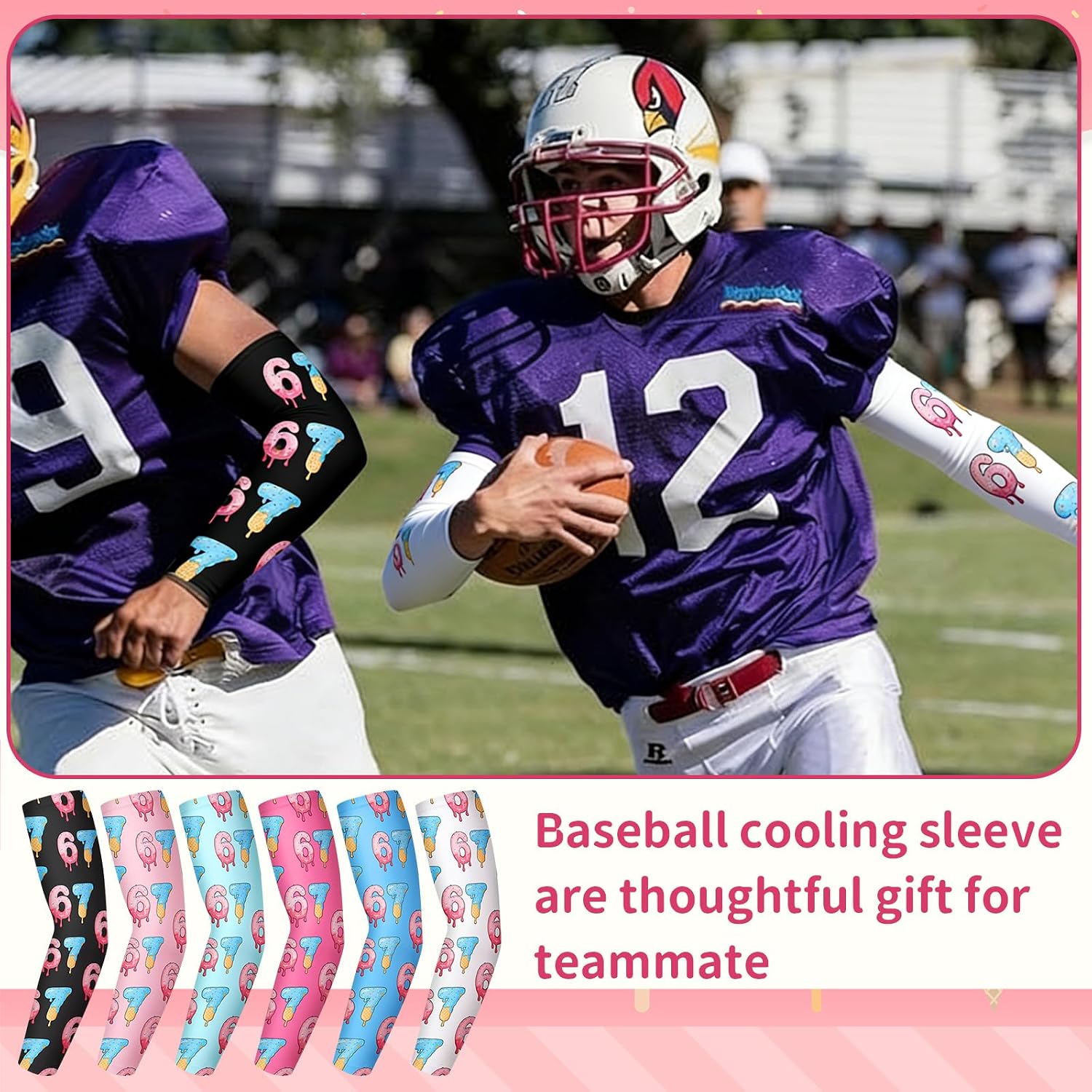 Whaline 6 Pairs Funny 6 7 Baseball Arm Sleeves Ice Cream Drip Sun Protection Cooling Sleeve Six Seven Compression Arm Sleeve for Sports Baseball Gift