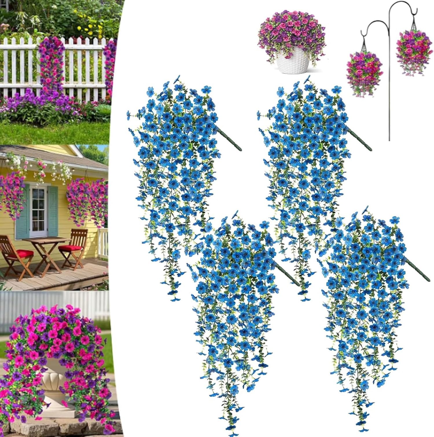 DAO-UPPSE Fade-Resistant Hanging Artificial Silk Morning Glory Vine, With Eucalyptus Leaves For Outdoor Porch Decor(Blue)