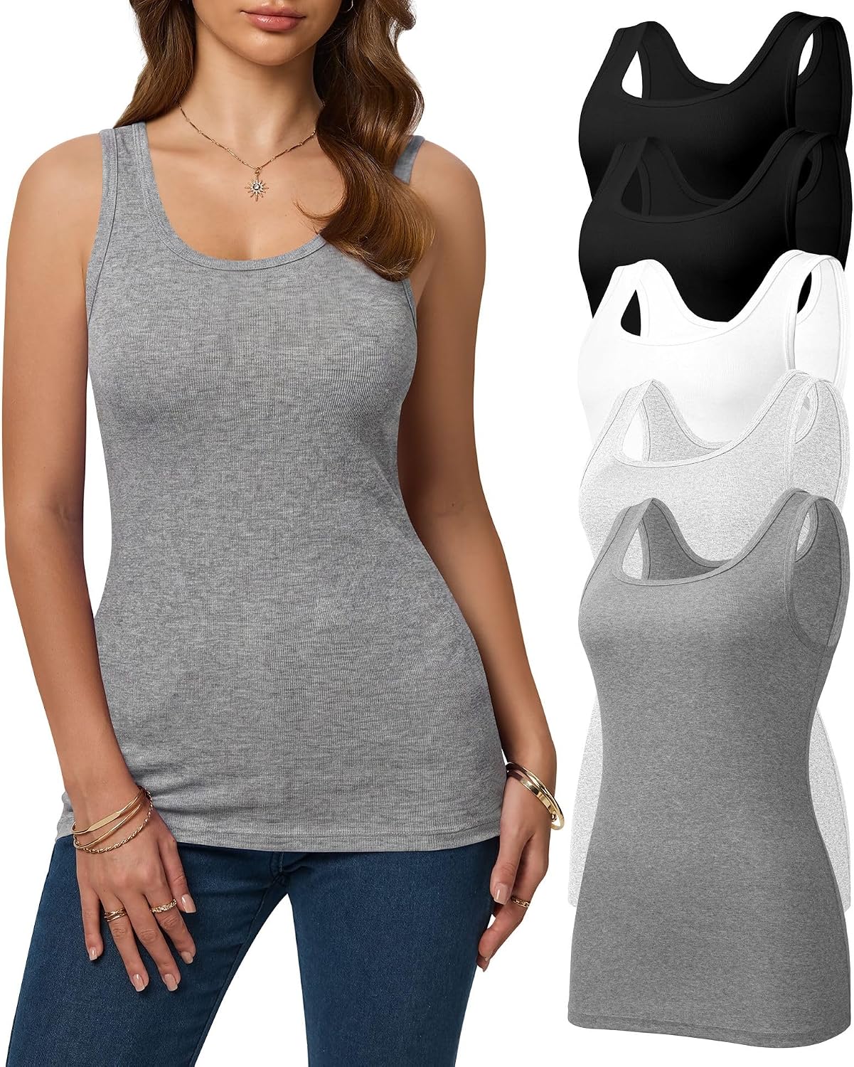 5 Pack Tank Tops for Women Cotton Undershirts Slim Fit Scoop Neck Basic Tanks Sleeveless Wide Strap Layering Top