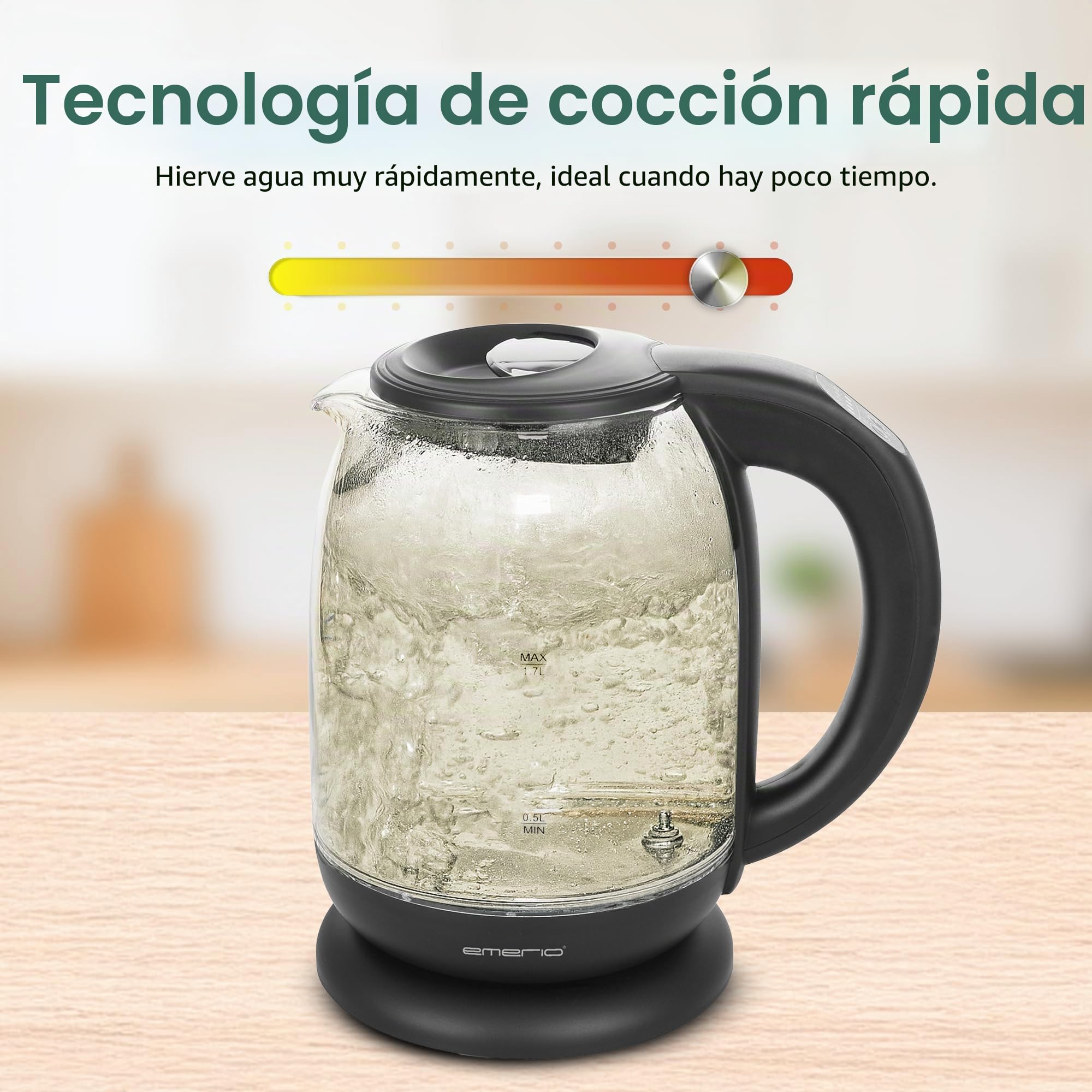 Emerio WK-119255 Hervidor De Agua Eléctrico Cristal, 2200 W, 1.7 litros, Acero Inoxidable, Transparente Negro [Clase de eficiencia energética A+]