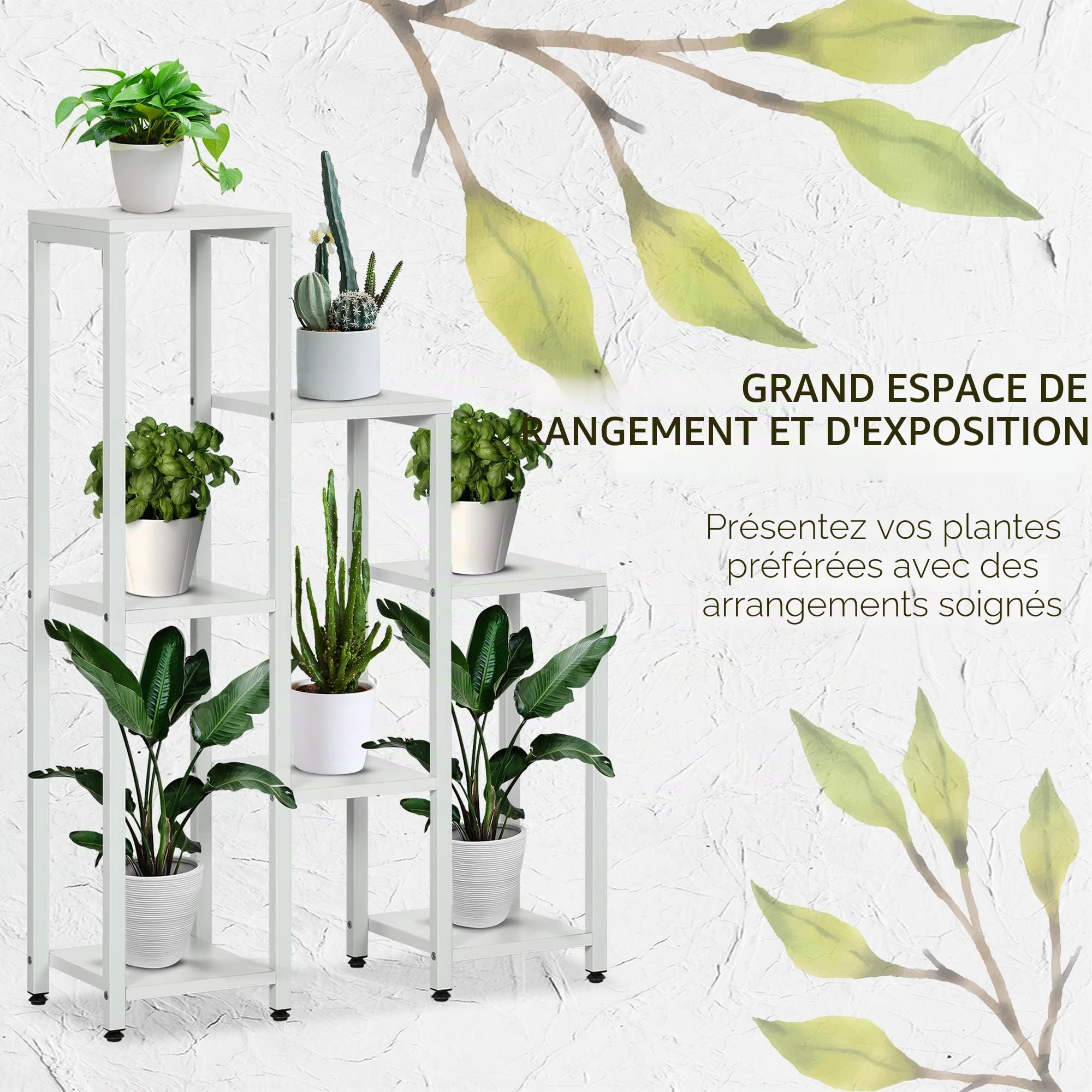 Outsunny Support pour plantes avec 7 étagères - Étagère à fleurs - Étagère de jardin pour salon, coin, balcon - Charge maximale : 2 kg (chaque niveau) - Blanc - 65 x 23 x 94,5 cm