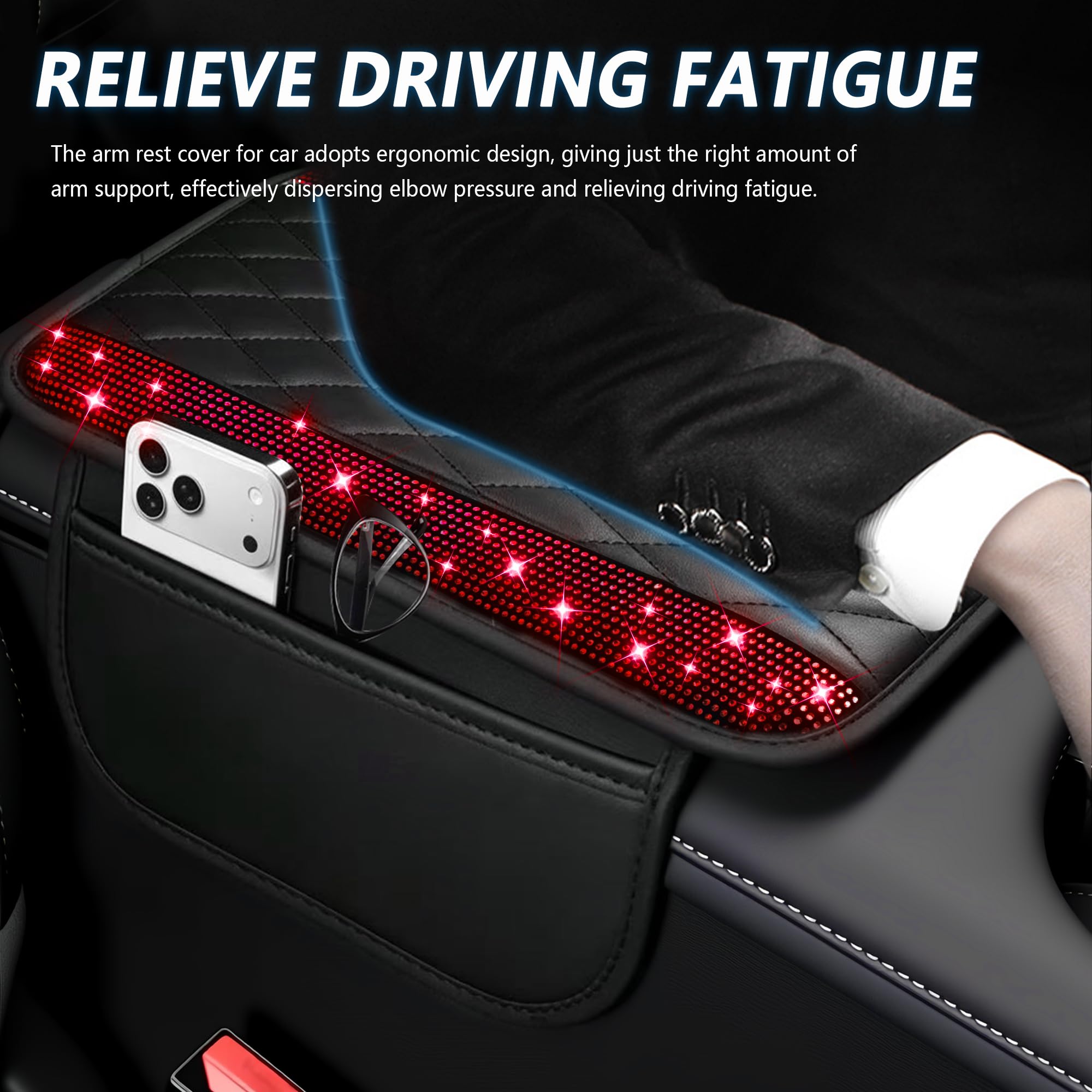 Stacool Upgraded Car Center Console Cover with Rhinestones,Microfiber Leather Car Armrest Cover Cushion with 2 Storage Bags,Universal Cars Armrest Storage Box as Cars Interior Accessories view 4