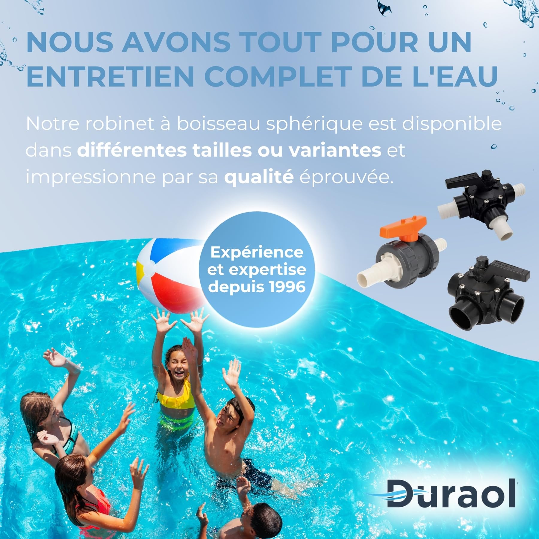 Vanne à bille 2 voies S6 pour piscine avec avec douille à coller métrique 40 mm | Robinet à boisseau sphérique pour tuyaux ou conduites | Robinet d’arrêt en PVC-U à coller