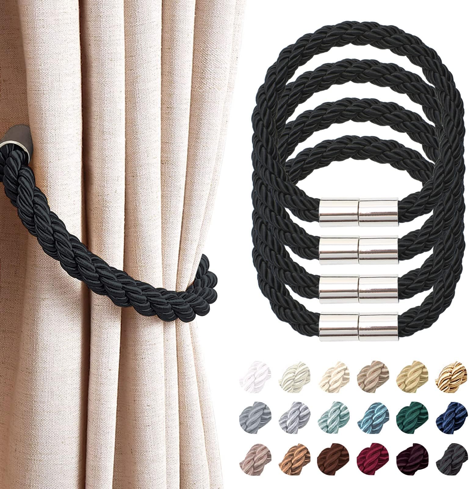 NICEEC 4 Pack Strong Magnetic Curtain Tiebacks Modern Simple Style Drape Tie Backs Convenient Decorative Weave Rope Curtain Holdbacks for Thin or Thick Home & Office Window Draperies (Black)