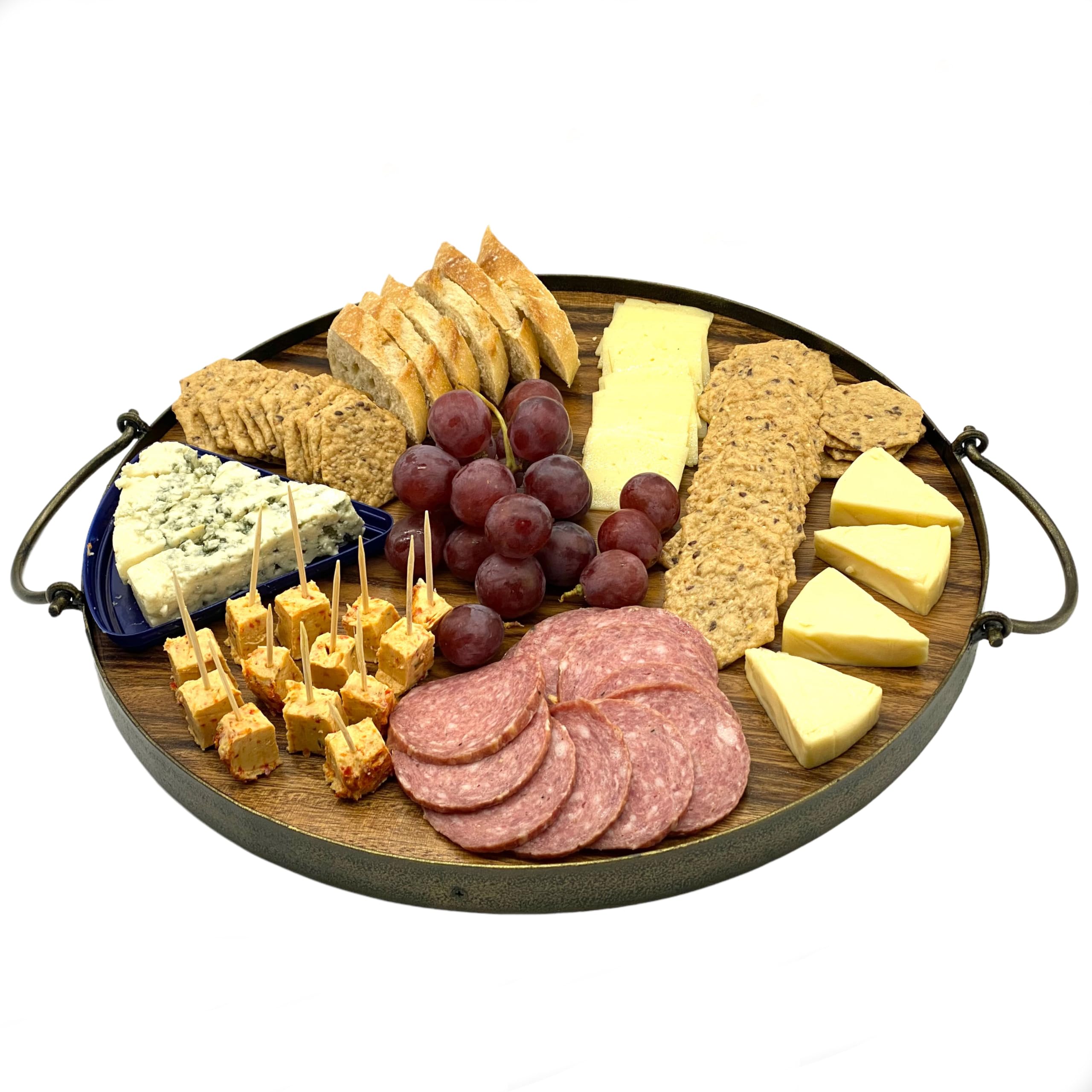 Bandeja, bandeja para servir de madera, servicio para cocina, comedor, sala de estar, piscina, borde de marco de acero antiguo, asas de fácil agarre, hecho de 1 pieza sólida de madera de