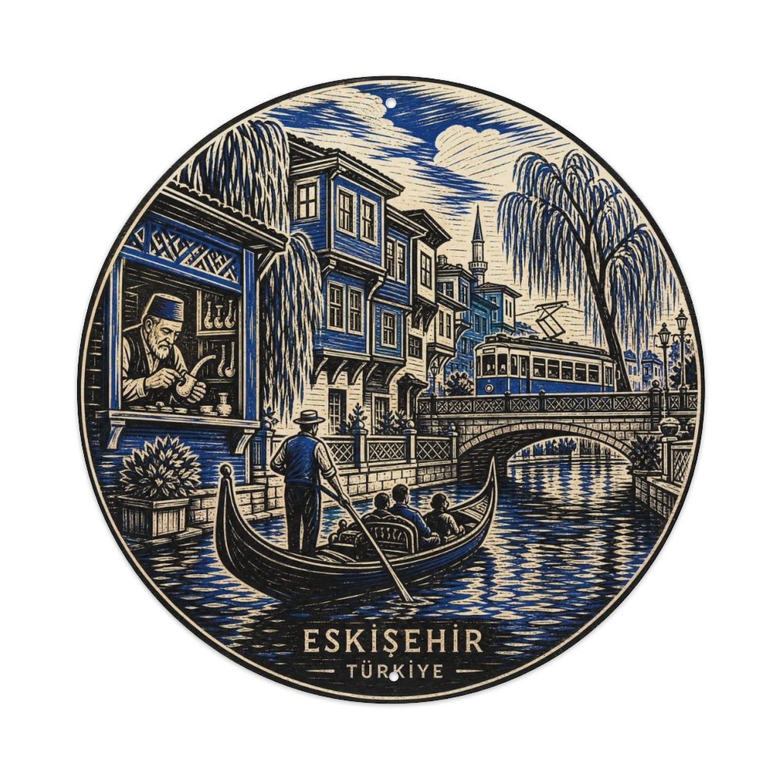 Eskisehir Turkey Canal City Heritage Woodblock Metal Tin Sign