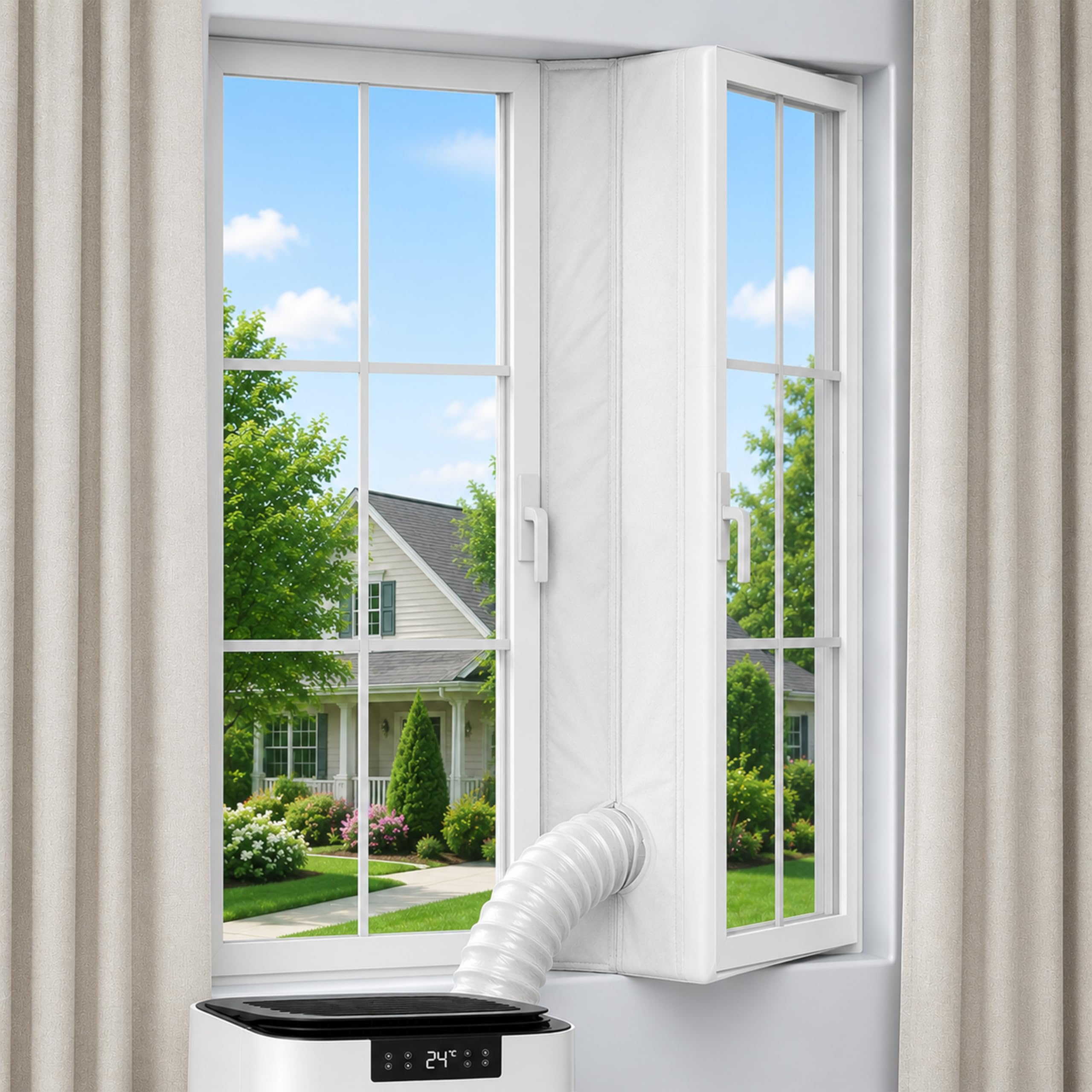 Fensterabdichtung für Mobile Klimaanlage, Abluftschlauch Dichtung für Dreh- und Kippfenster, Fensterdichtung ohne Bohren, Wasserdichtes Polyester mit Reißverschluss und Klettband (300CM)