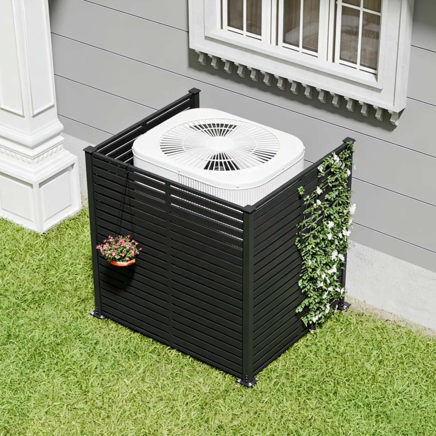 3 Panels Air Conditioner Fence, 47" W X 48" H No-Dig Outdoor Privacy Screen, Pool Equipment Enclosure, Trash Can Enclosure, Decorative Garden Fences for Patio Lawn, Black