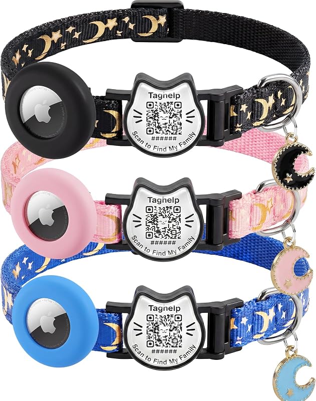 Coleira para Gatos com Suporte para AirTag e Plaquinha de Identificação com QR Code Taghelp, 3 Unidades (Preta, Azul e Rosa)
