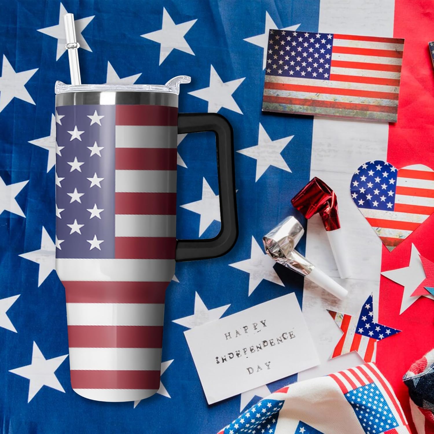 40oz American Flag Tumbler With Handle and Straw, Gifts For Memorial Day Veterans day Independence day, Patriots Coffee Mug Water Bottle, Labor Day Stainless Steel Insulated Cup - Image 7