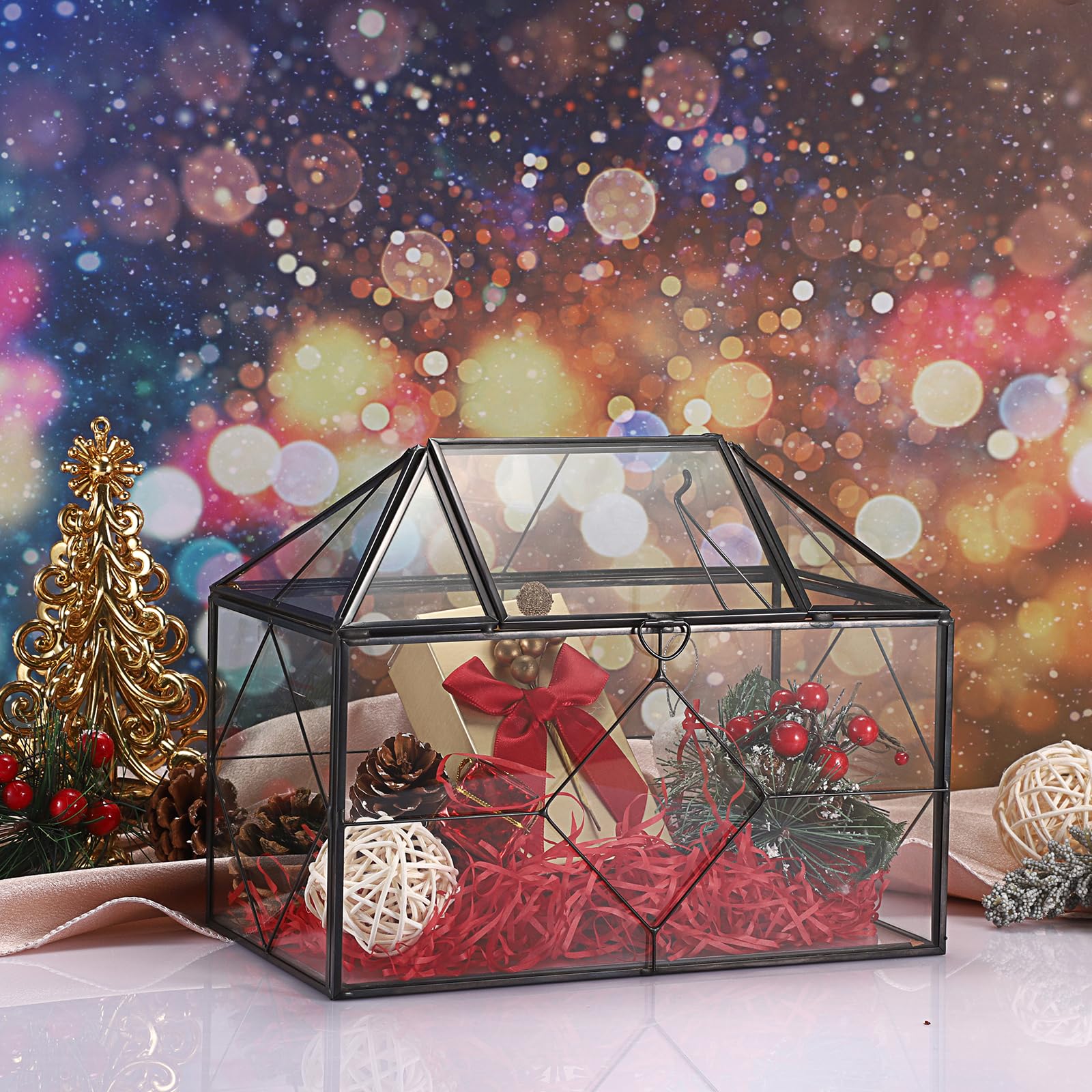 SUMTree Terrario de cristal negro para plantas con rejilla cuadrada, contenedor de musgo de jardín con tapa oscilante, caja de exhibición de plantas suculentas (rejilla cuadrada)