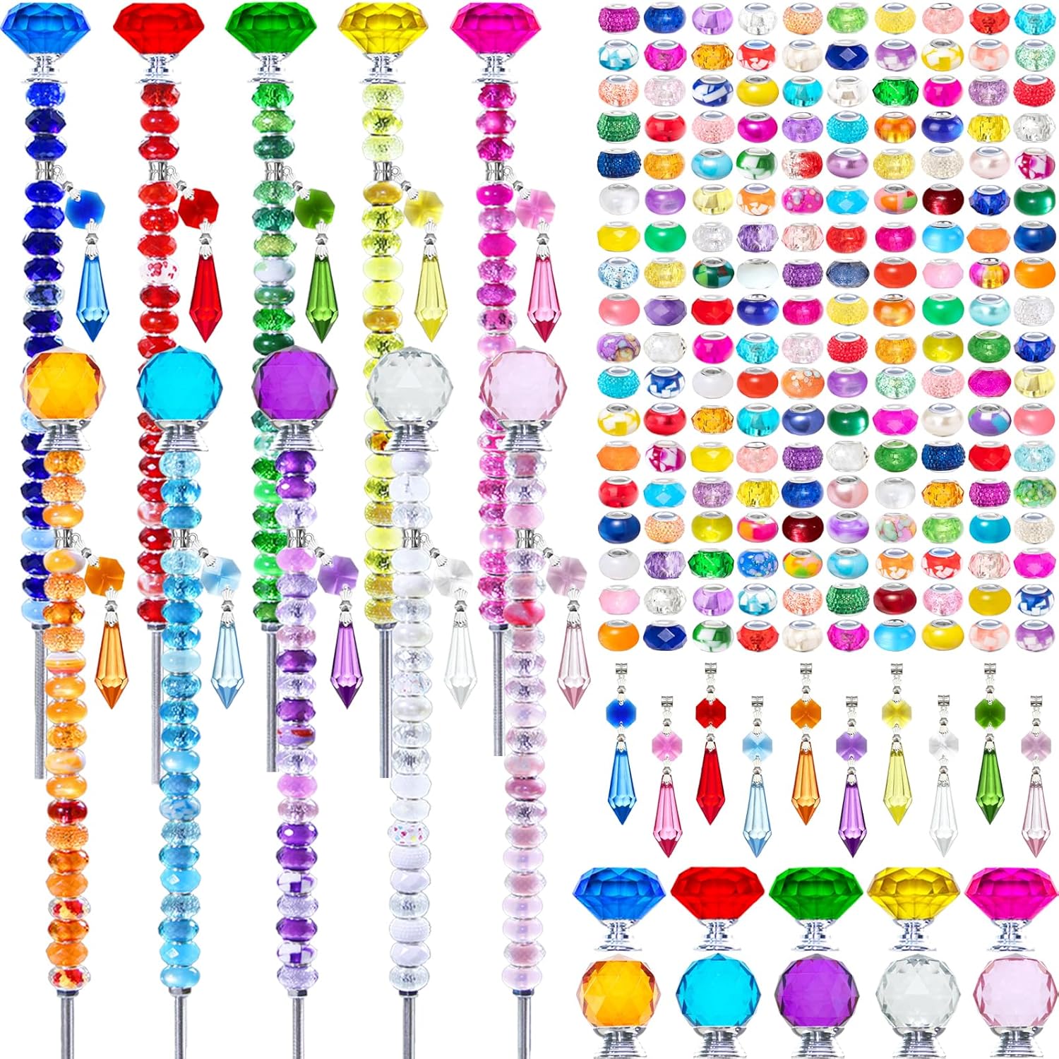 Exway 247 PCS DIY Fairy Wand Beaded Garden Stake Kits with Assortment Large Hole Beads 10 Crystal Stopper Top Threaded Rods and Sparkling Crystal Pendants for Outdoor Indoor Decor