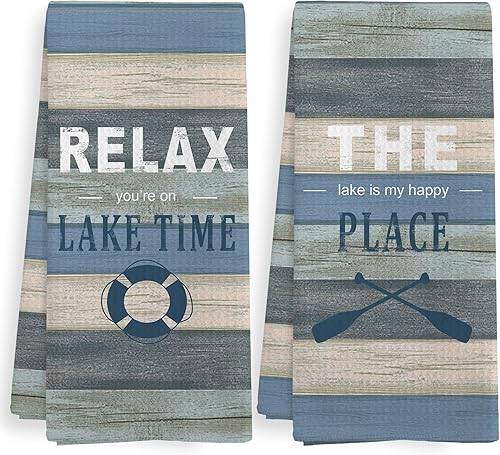 Juego de 2 toallas de mano divertidas rústicas de lago barco, decoración de campista, regalos para el hogar, casa de lago de verano, decoración
