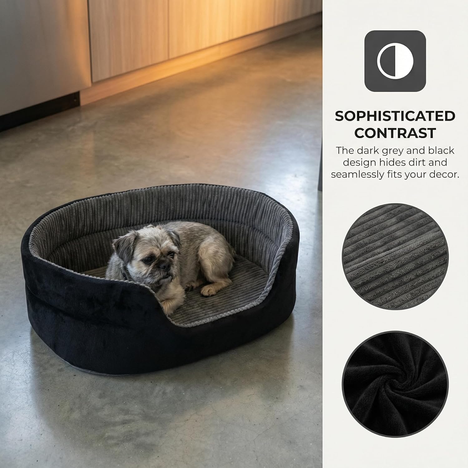 Medium Dog Bed Cat Bed 18x26 Inch, Calming Pet Bed for Small Dogs & Cats, Half-Enclosed Open-Top Velvet Anti-Anxiety Bed, Machine Washable Cozy Snuggle Bed (Black)
