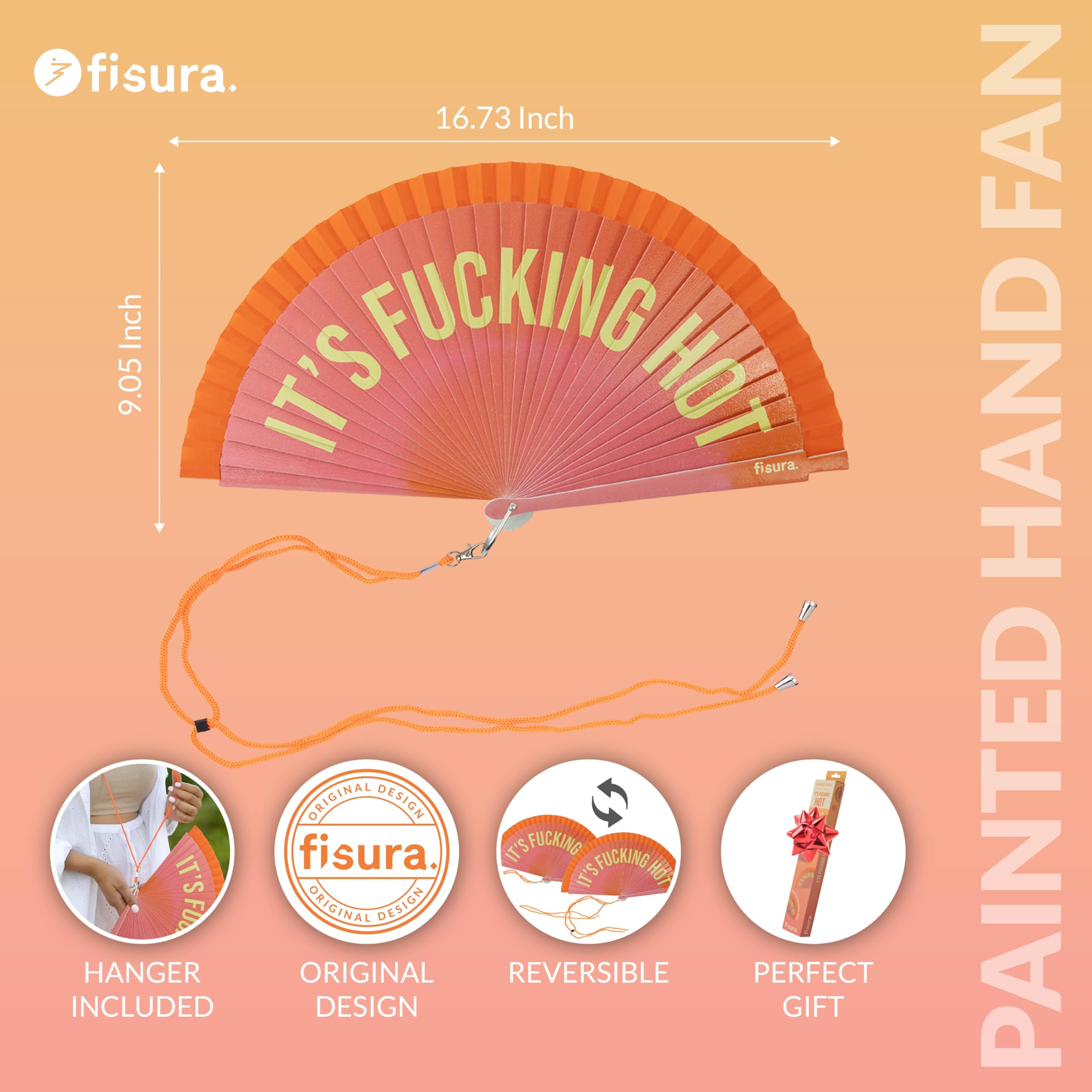 Fisura – Wachlarz ręczny z napisem "it’s f*cking hot”. Dwustronny model z drewna, różowo-pomarańczowy gradient. Kolorowy i praktyczny. Zawieszka. Wymiary: 42,5 x 23 cm