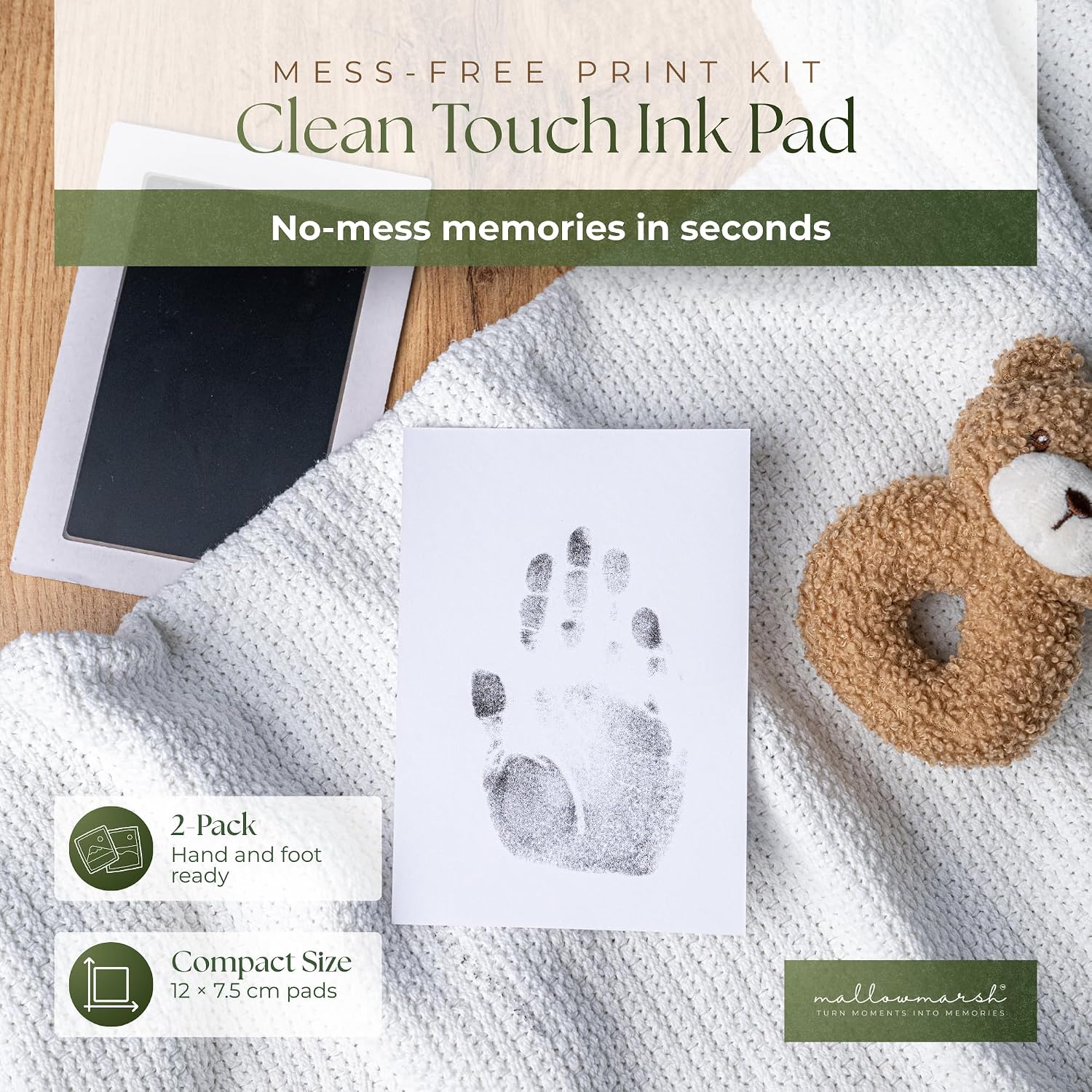 Mallowmarsh™ Clean Touch Baby Hand and Footprint Ink Pad Kit, No-Mess Black Medium Ink, 2 Pack with Imprint Cards, Safe for 0-6 Months
