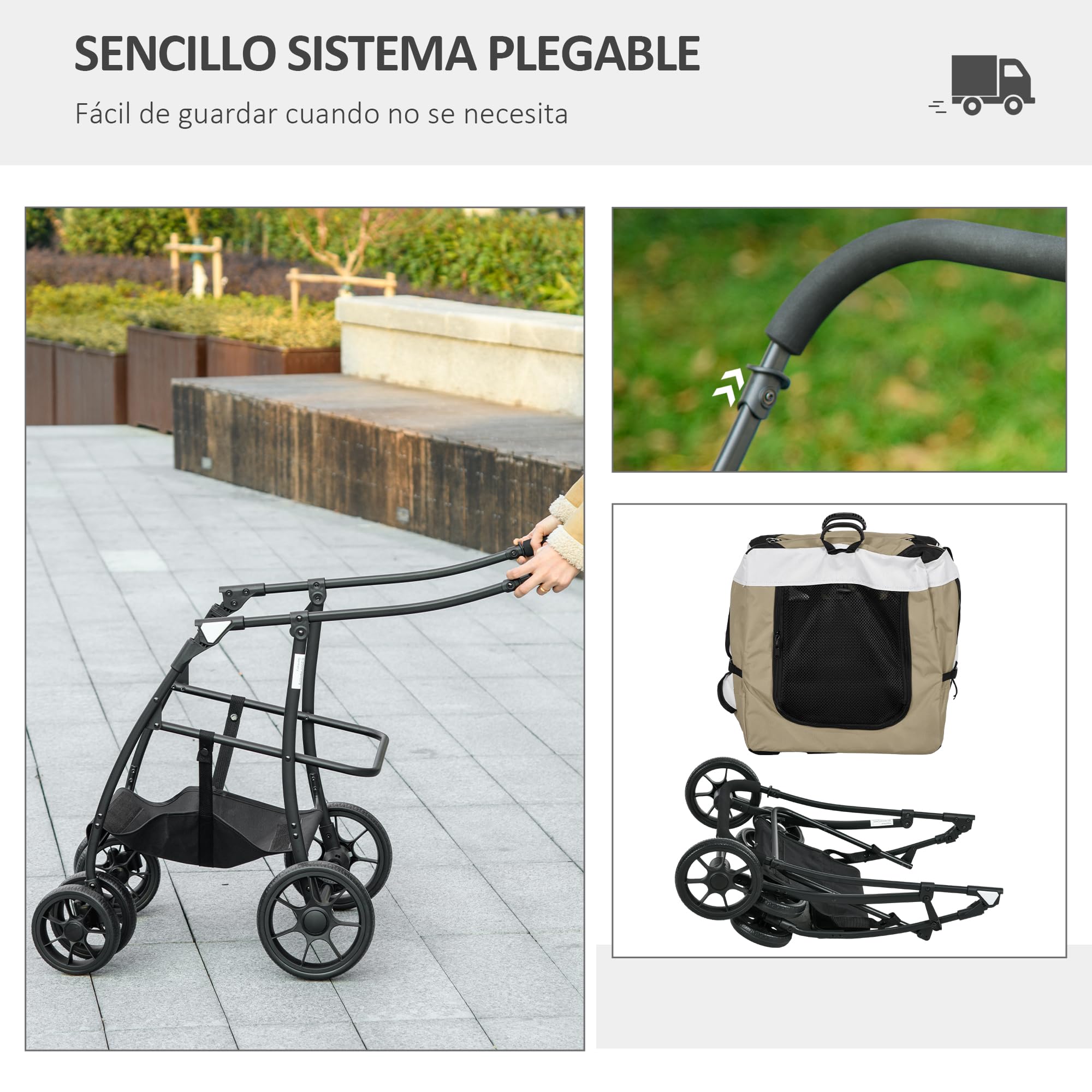 PawHut Carrito para Perros 4 en 1, Cochecito para Perros Plegable, Transportín para Mascotas con Vagón Desmontable, Cojín, Carga 10 kg, para Pequeños, Caqui