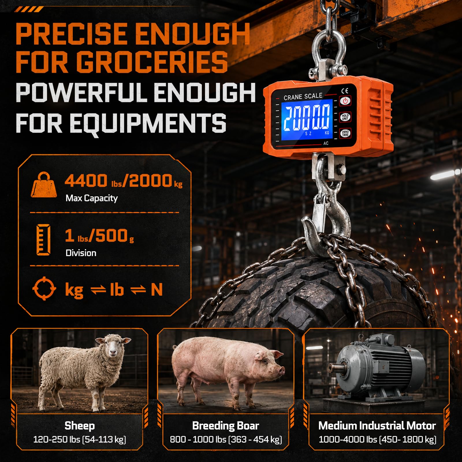 Bilancia per gru, 2000 kg, digitale, da appendere, con telecomando, industriale, bilancia elettronica con display LCD, per azienda agricola e fabbrica