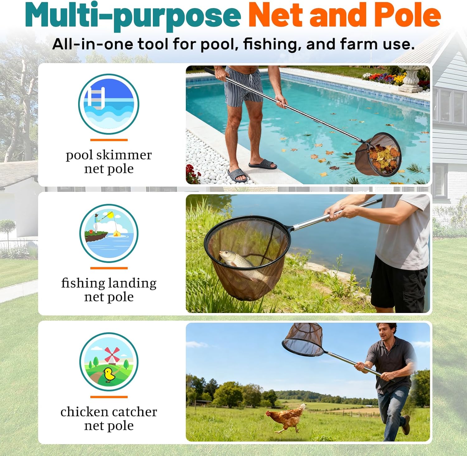 65 Inch Adjustable Pole with Net and Hook Multi-functional Pole Net Hook Tool Pool Skimmer Pole Net and Sturdy Truck Cargo Retrieval Pole Combo for Pool, Pond, Hanging and Removing Heavy Items