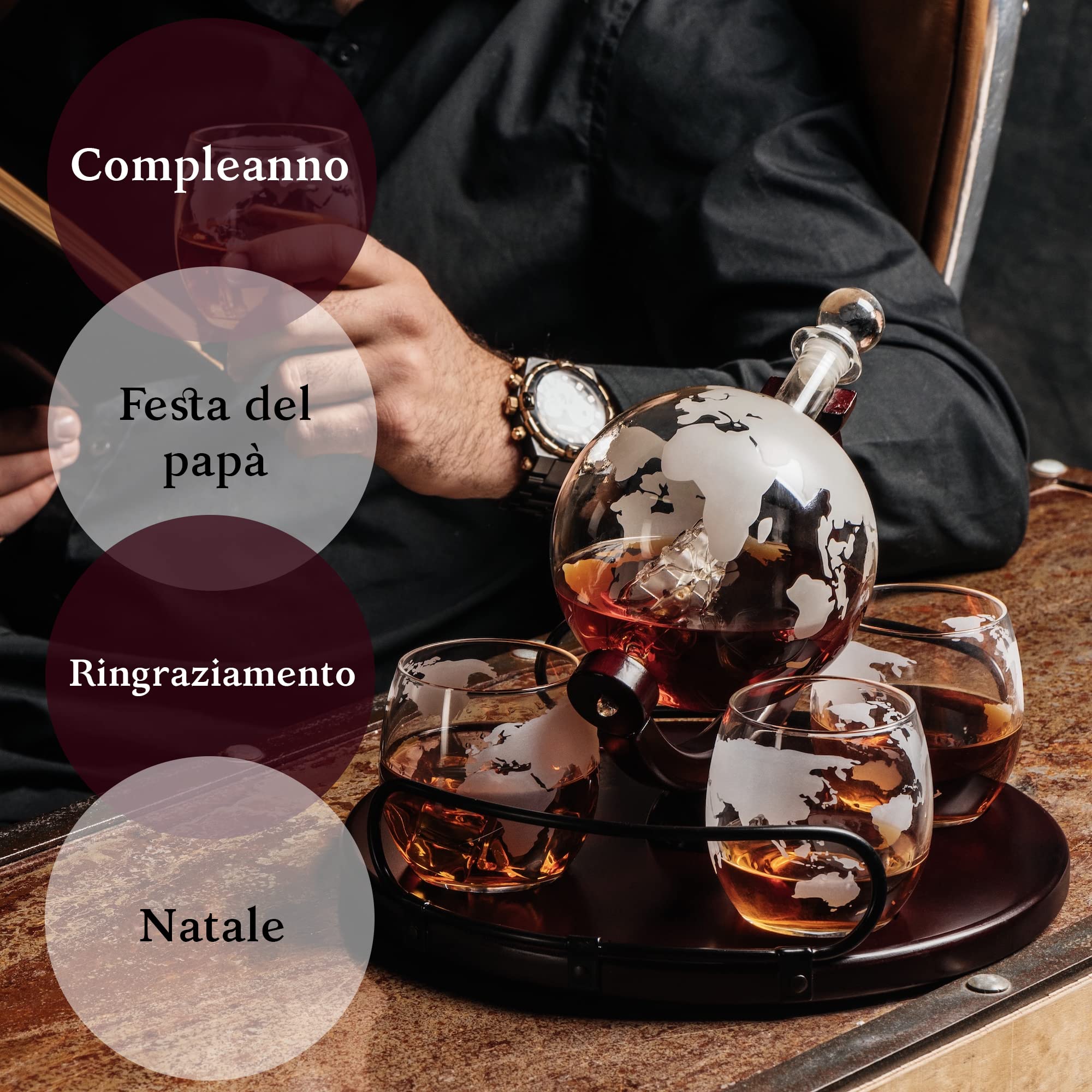 Caraffa per whisky a forma di globo per alcool, set da bar con bicchieri, supporto in legno e mappa del mondo, regali per uomini e donne, accessori per bottiglie di vetro, per gin, rum, scotch,