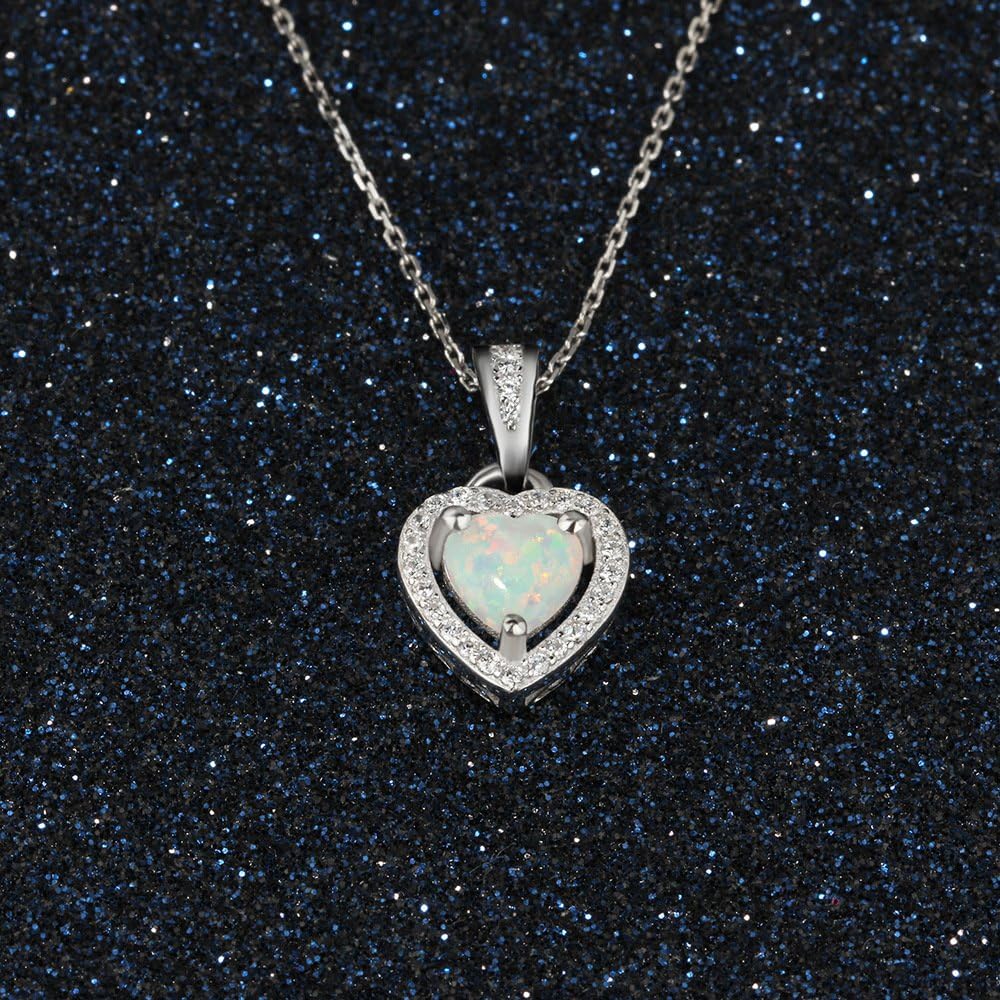 Sterling Silver Heart Shape Created Opal Pendant Necklace (6mm Opal Halo Heart) - Image 5