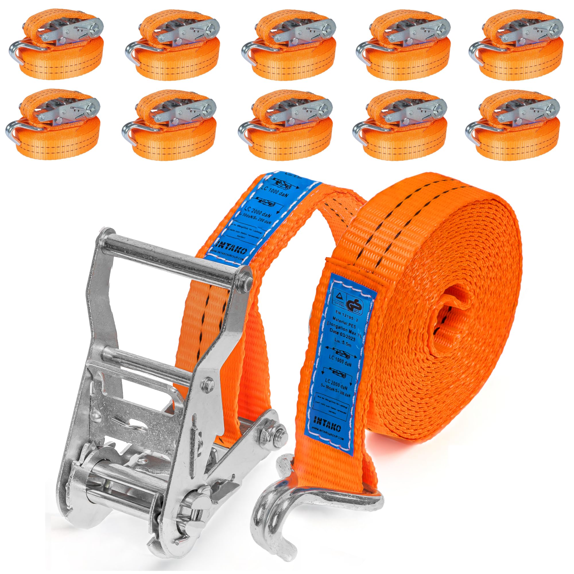 10 Stück Spanngurte mit Ratsche und Haken - 4m / 6m - 2000kg 35mm - Ratschen Set - Ratschengurt 2-Teilig - Zurrgurt Orange - TÜV GS Geprüft und gemäß DIN EN 12195-2 (Orange, 6 m (10 Stück))
