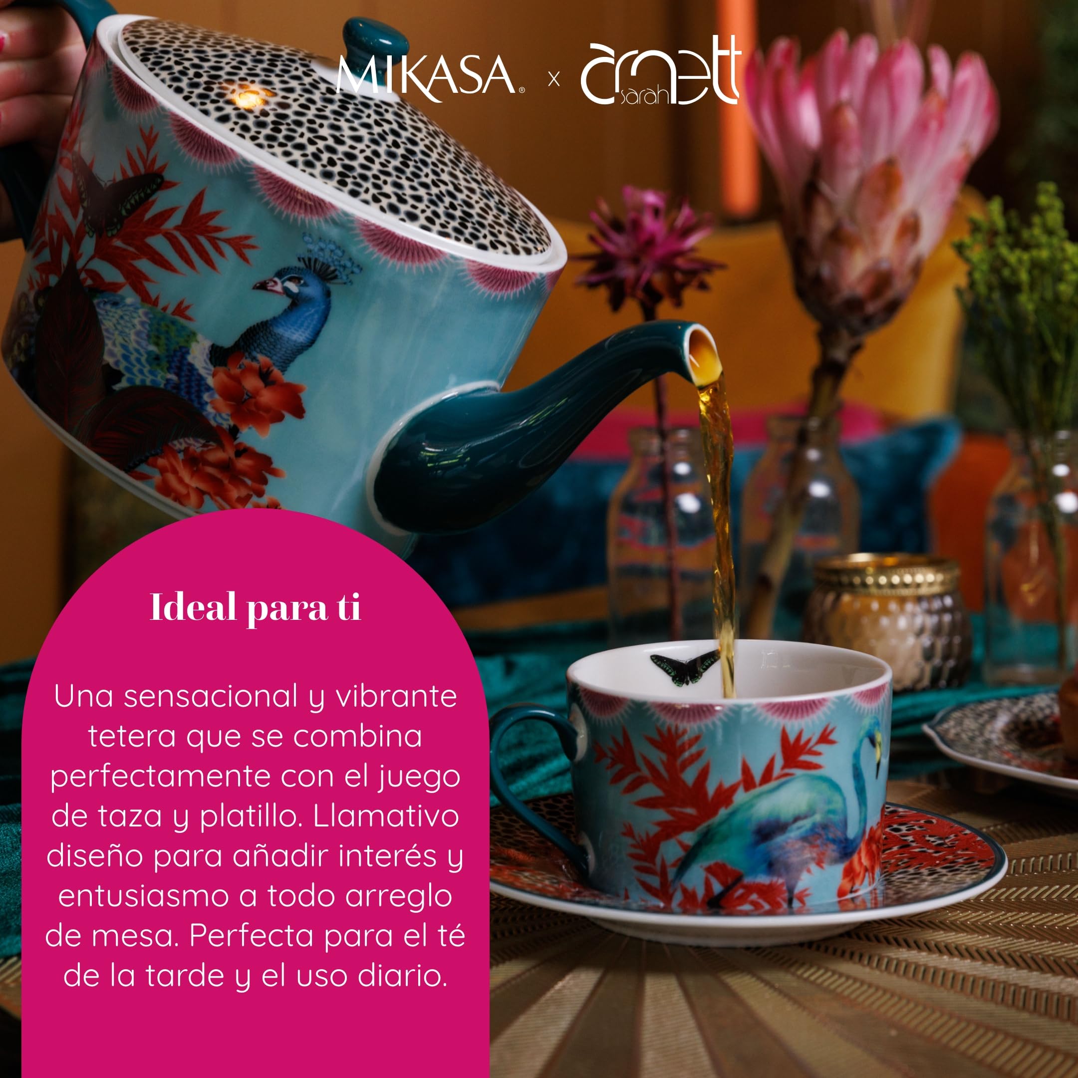 Mikasa x Sarah Arnett Tetera, Tetera de Porcelana con Tapa, Estampado Tropical para Entretenimiento, 1.1L - Caja de Regalo y Apta para Lavavajillas