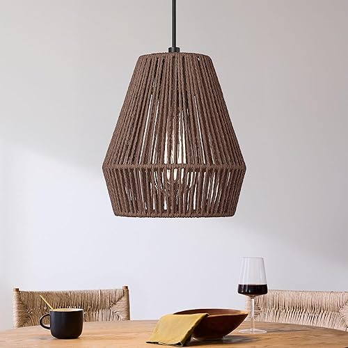 Miniatura 11 de Lámparas Colgantes Tejidas, ELYONA Lámpara Colgante Costera de Granja de 7 pulgadas con Pantalla de Cesta de Ratán Tejida a Mano en Negro Mate,