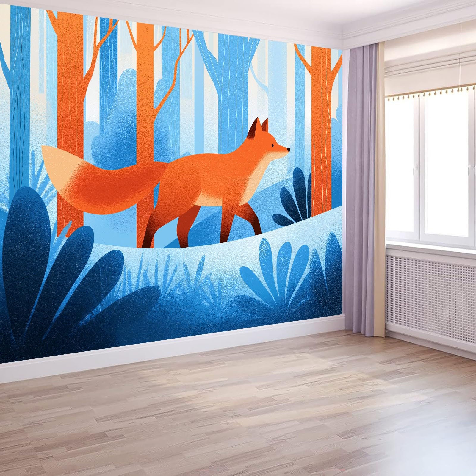 Animaux De Bande Dessinée Renard De La Forêt Murale Photo Papier Peint 350 x 256 cm Intissé Tableaux Poster Mural Tapisserie, Bleu Papier Peint Panoramique Salon Maison Décorative Tenture Appartement