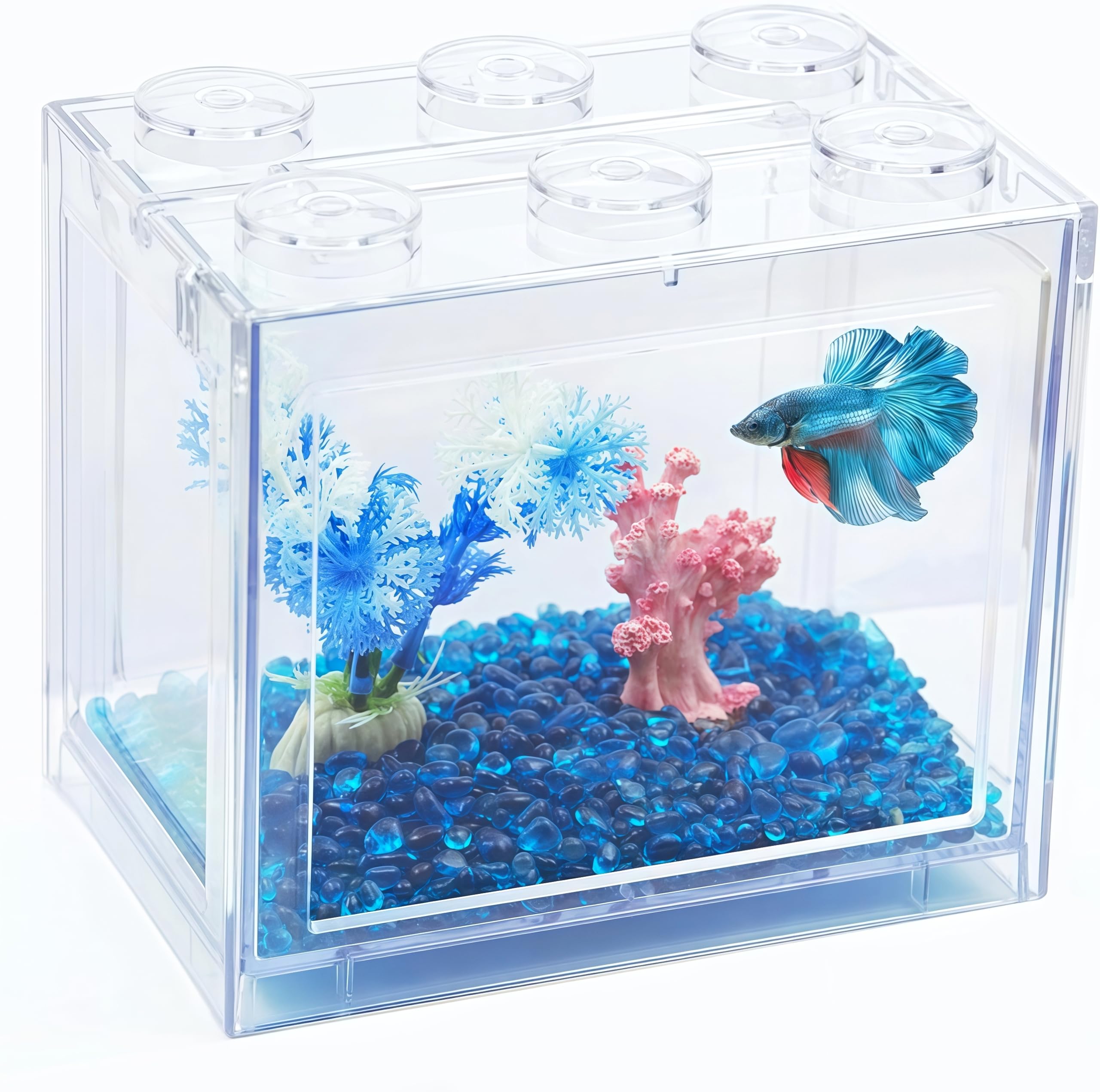 Tsxurepaw Small Betta Fish Tank, Stackable Mini Fish Tank Aquarium Tank Kit, 3/5 Gallon Rectangular Fish Bowl with Aquarium Gravel Decoration, Tiny Cube Tank for Seaweed Balls Sea Monkeys
