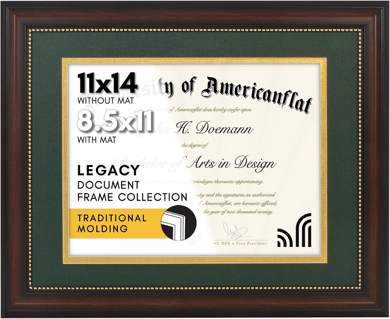 Americanflat 11x14 Diploma Frame - Use as 8.5x11 Certificate Frame or Display 11x14 Photo Without Mat - Legacy Collection - Beaded Mahogany Vintage Frames - Shatter-Resistant Glass - Green & Gold Mat Mahogany (Green & Gold mat) 11X14