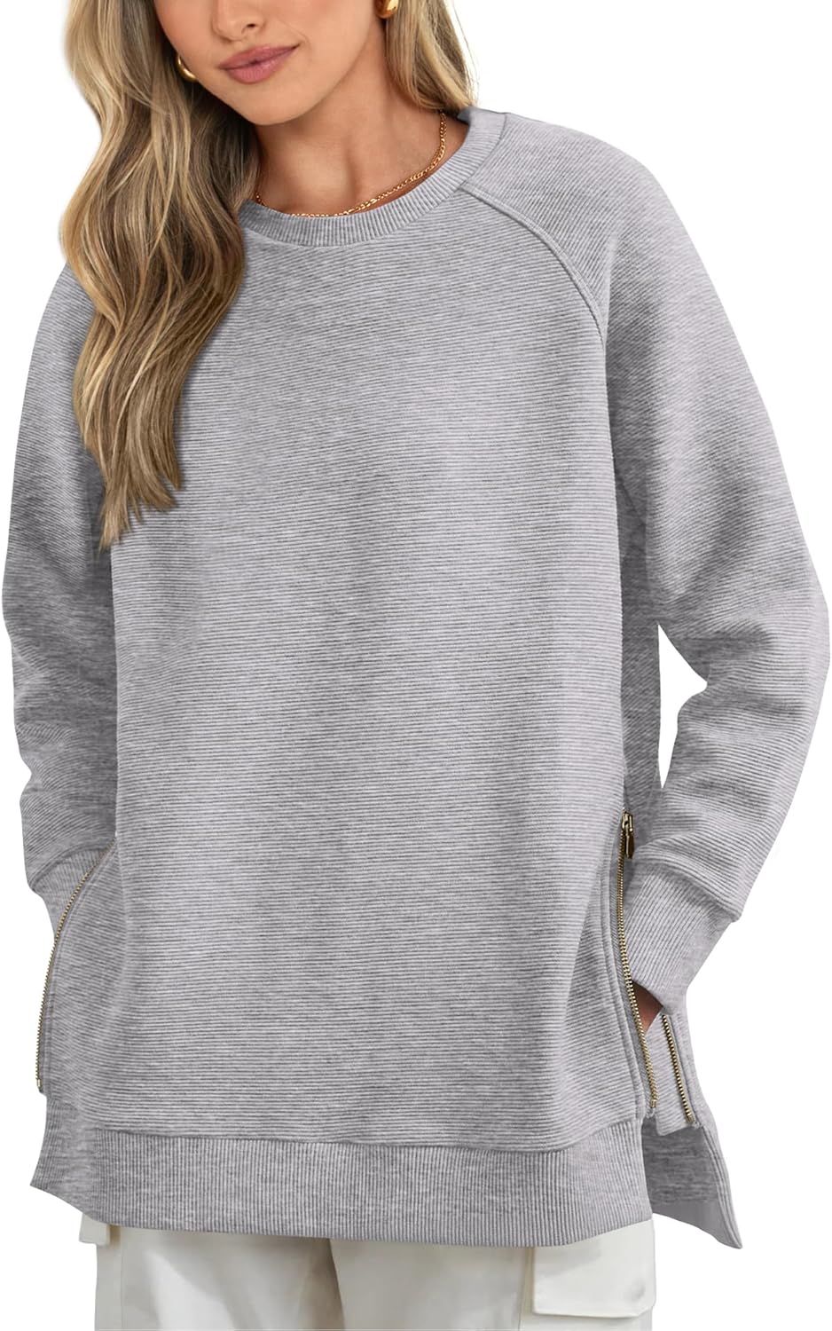 ( 5 pack) BTFBM Women's Oversized Sweatshirt 2024 Spring Fashion Crew Neck Long Sleeve Slit Casual Pullover Tops with Side Zipper Small Solid Grey