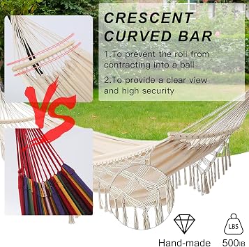 أرجوحة معلقة بأرجوحة مزدوجة بحد أقصى 500 رطل Macrame لحديقة الفناء الخارجي الداخلية ( Beige )