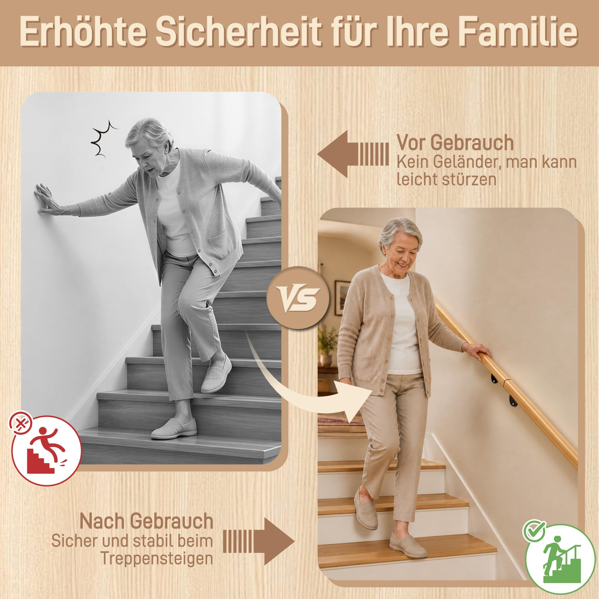 FIVMEN Handlauf Holz 150cm Buche Geländer mit Wandhalterung Schrauben
