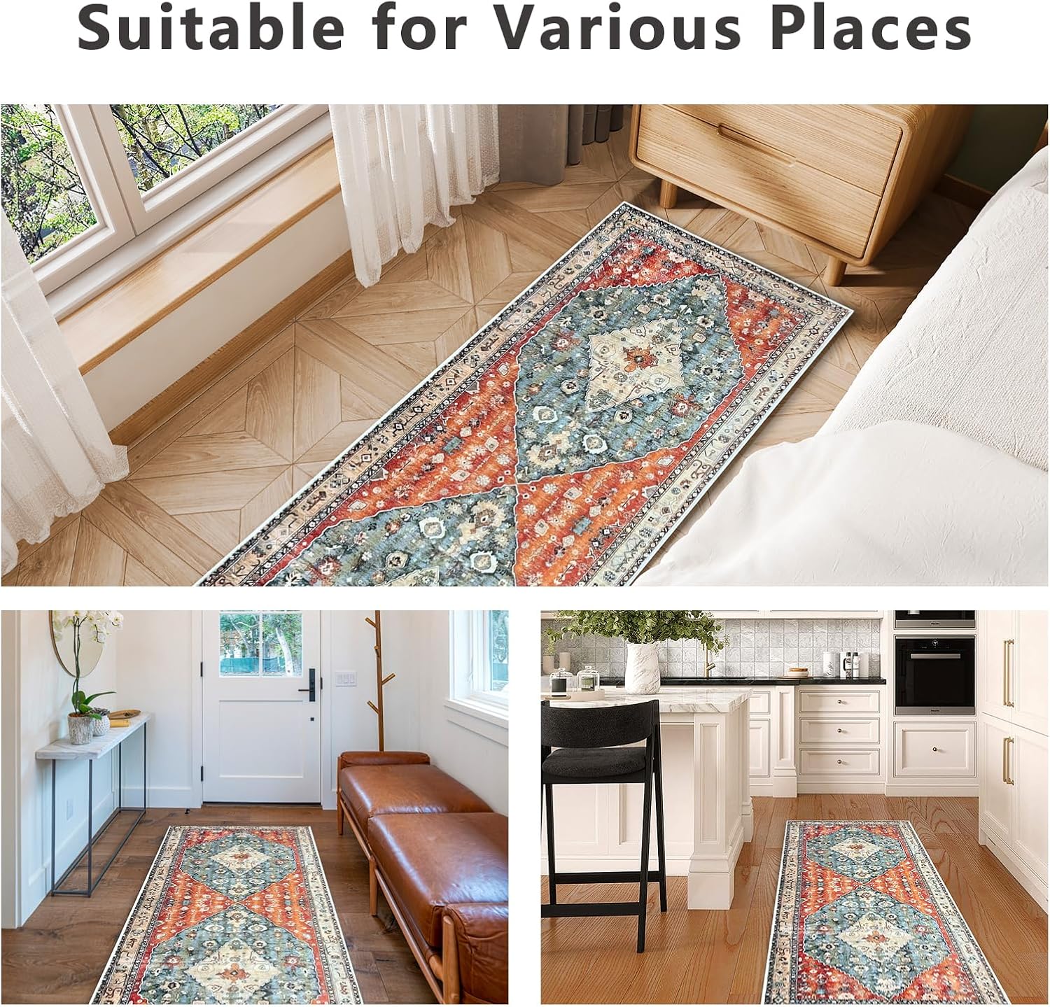 Washable Runner Rug 2'x6' Non Slip Boho Kitchen Runner Rug with Rubber Backing, Low Pile Soft Faux Wool Vintage Runner for Kitchen, Bedroom, Laundry, Entryway, Bathroom- Red