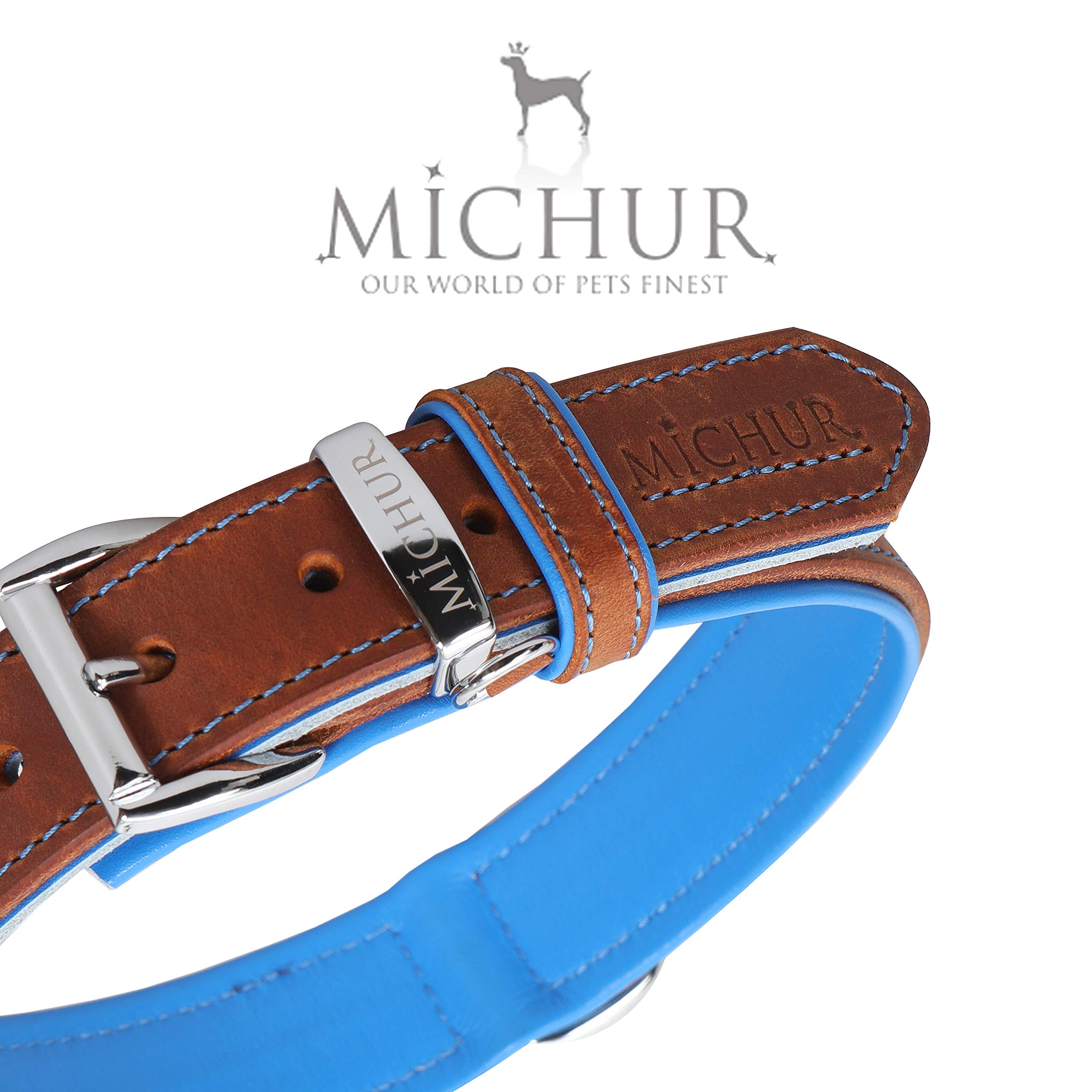MICHUR Charly Hundehalsband Leder Braun Blau, Lederhalsband Hund, Halsband, Leder, in verschiedenen Größen erhältlich