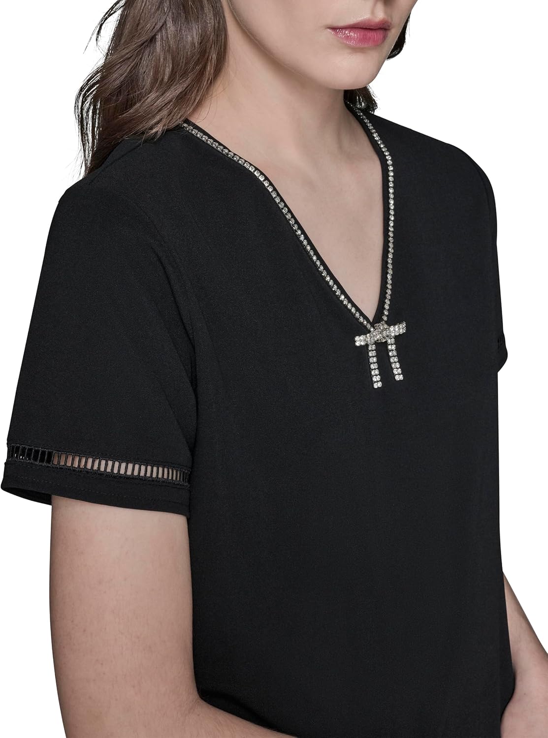 Karl Lagerfeld Womens Short Sleeve Rhinestone Bow Bling Blouse - Image 5