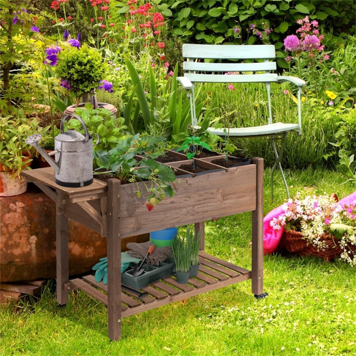Sturdy Wooden Raised Garden Bed with Wheels for Easy Mobility and Comfortable Gardening Outdoors