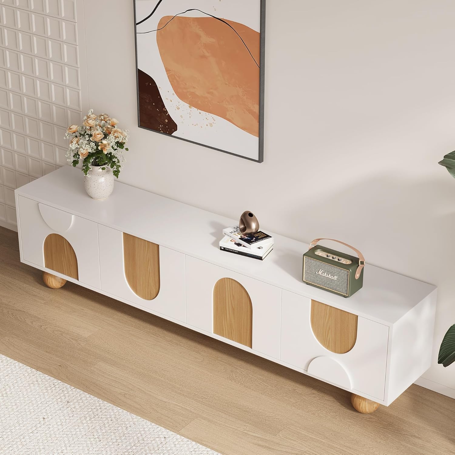 79" Modern Entertainment Center with Storage, White TV Stand for Living Room Bedroom with Cute Ball Solid Wood Legs, Wooden Media Console TV Cabinet for Home Office