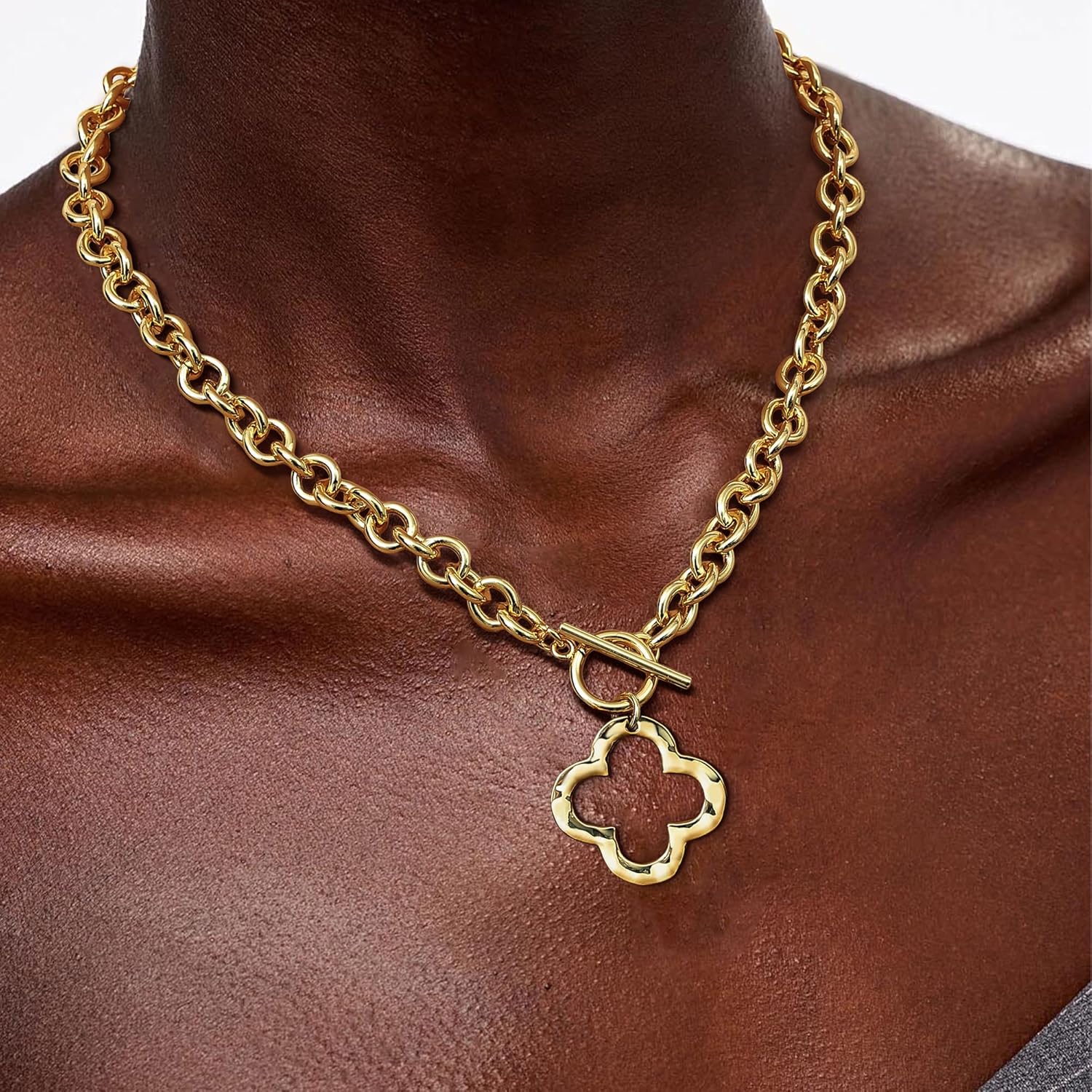 Krfy Valentines Day Gifts for Women Hers Gold Chunky Heart Necklace for Women, Hammered Cross Necklace for Women Non Tarnish, Dainty Toggle Necklaces Paperclip Chains Jewelry 45cm - Image 4