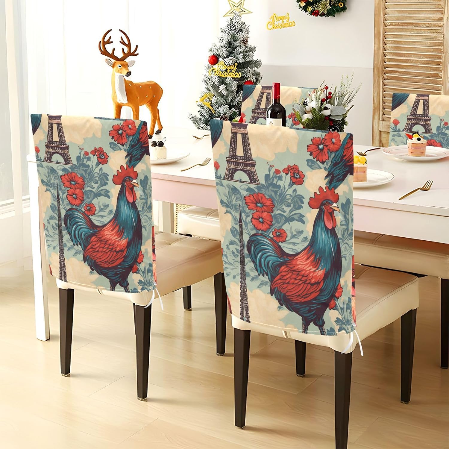 ALAZA Eiffel Tower Flowers Rooster Chair Back Cover Set of 6, Washable Reusable Removable Chair Slipcovers Decorative Chair Cover for Home Kitchen Wedding Party